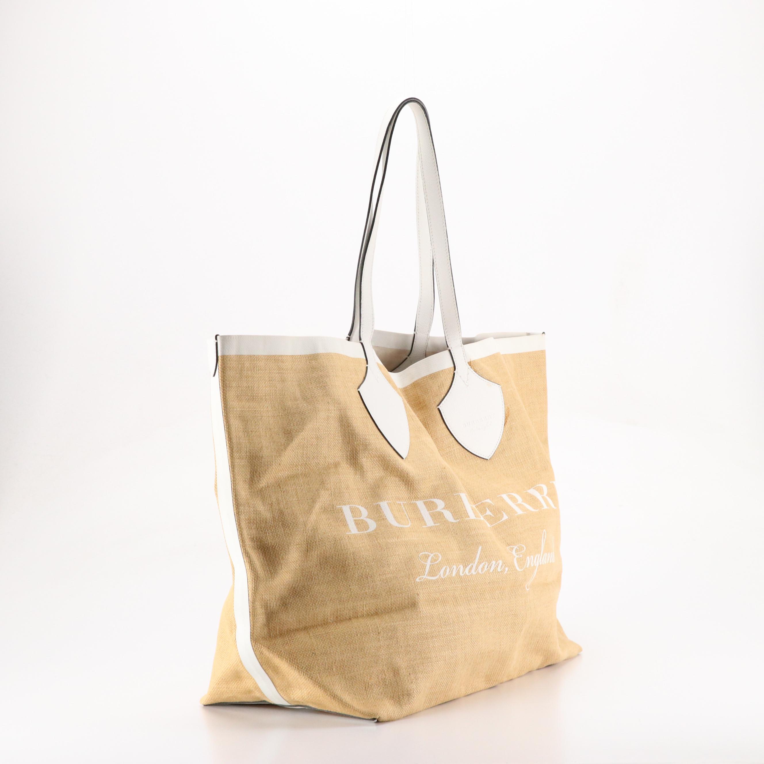 Burberry "The Giant" Medium Printed Jute Tote with White Leather Trim