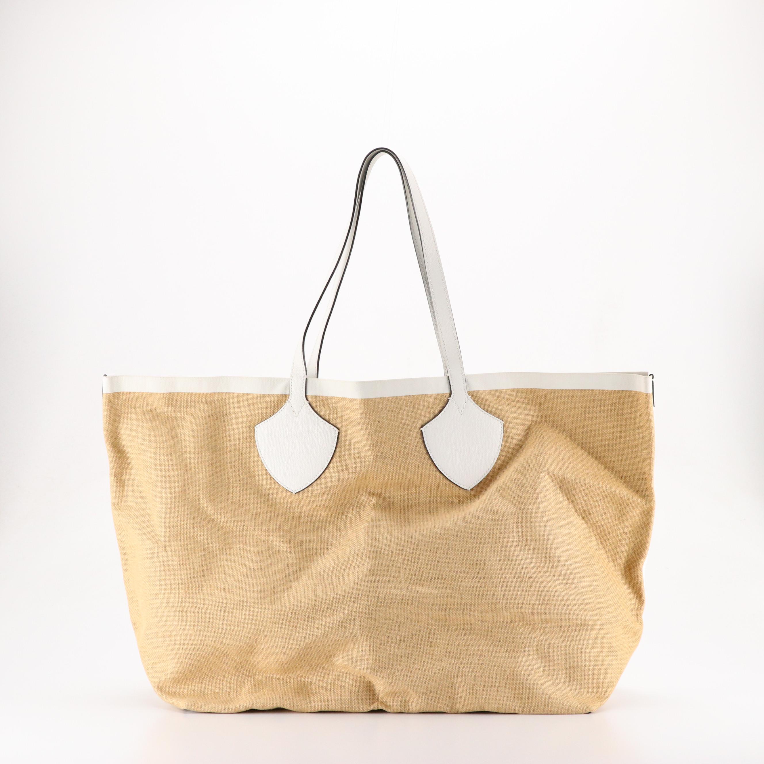 Burberry "The Giant" Medium Printed Jute Tote with White Leather Trim