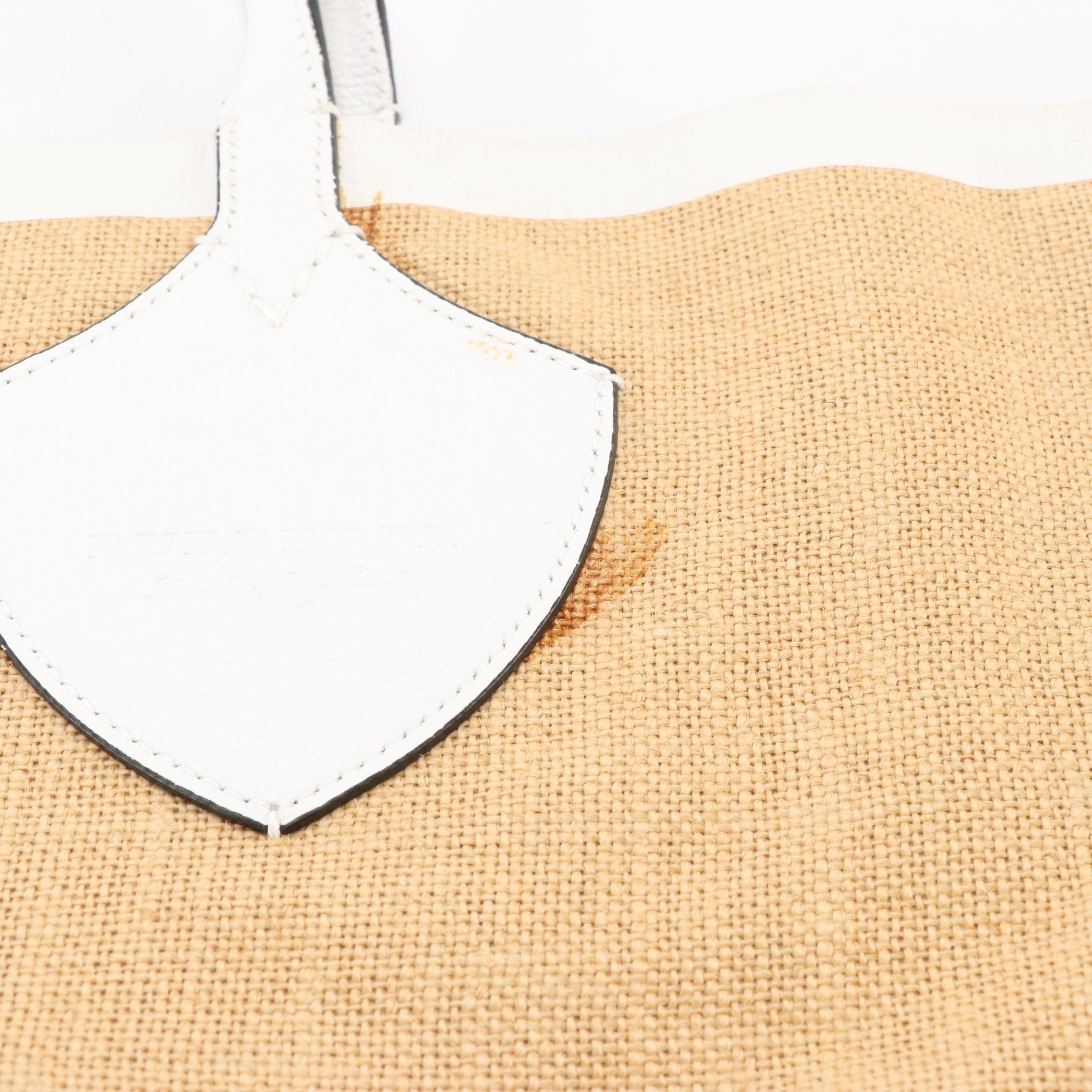 Burberry "The Giant" Medium Printed Jute Tote with White Leather Trim