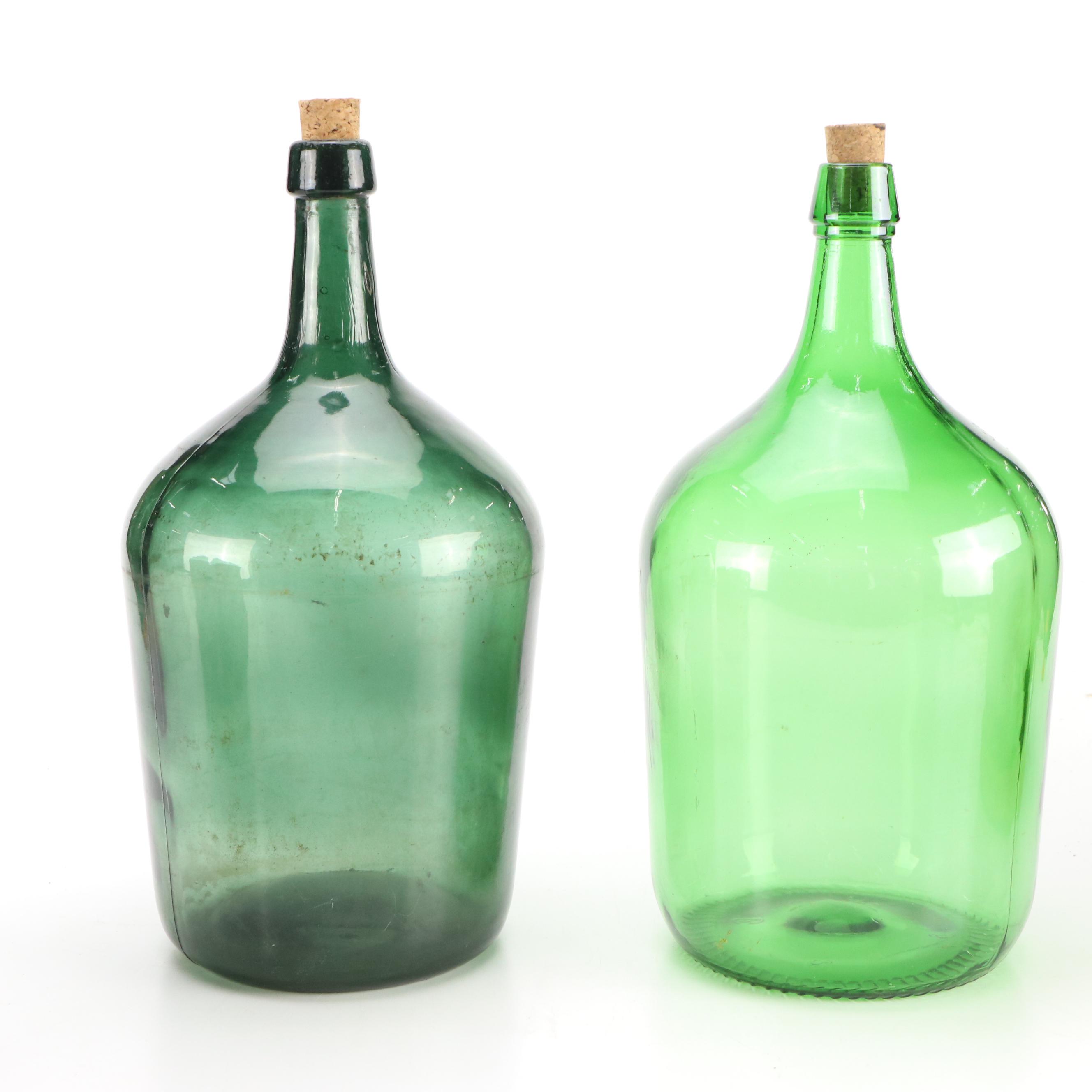 Pair of Vintage Continental Green Glass Demijohns, in Natural Cork Bark Jackets