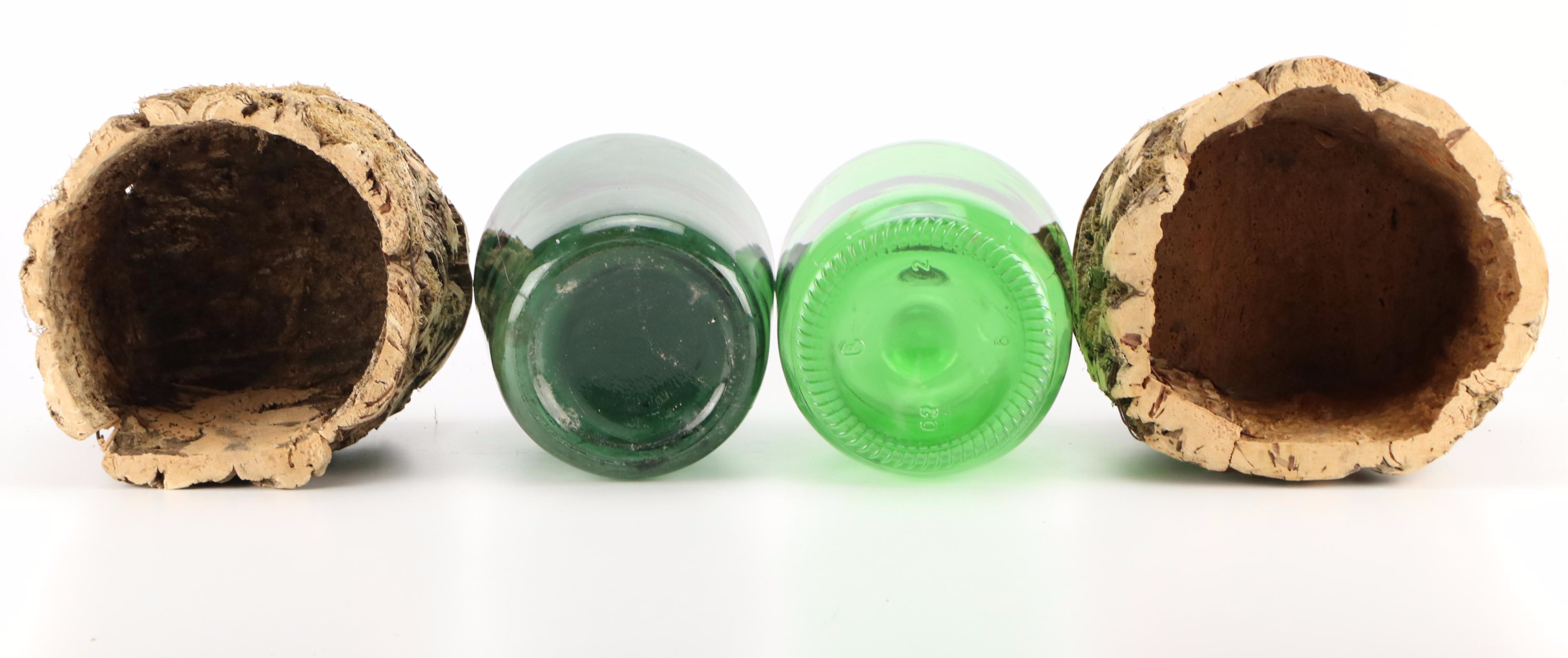 Pair of Vintage Continental Green Glass Demijohns, in Natural Cork Bark Jackets