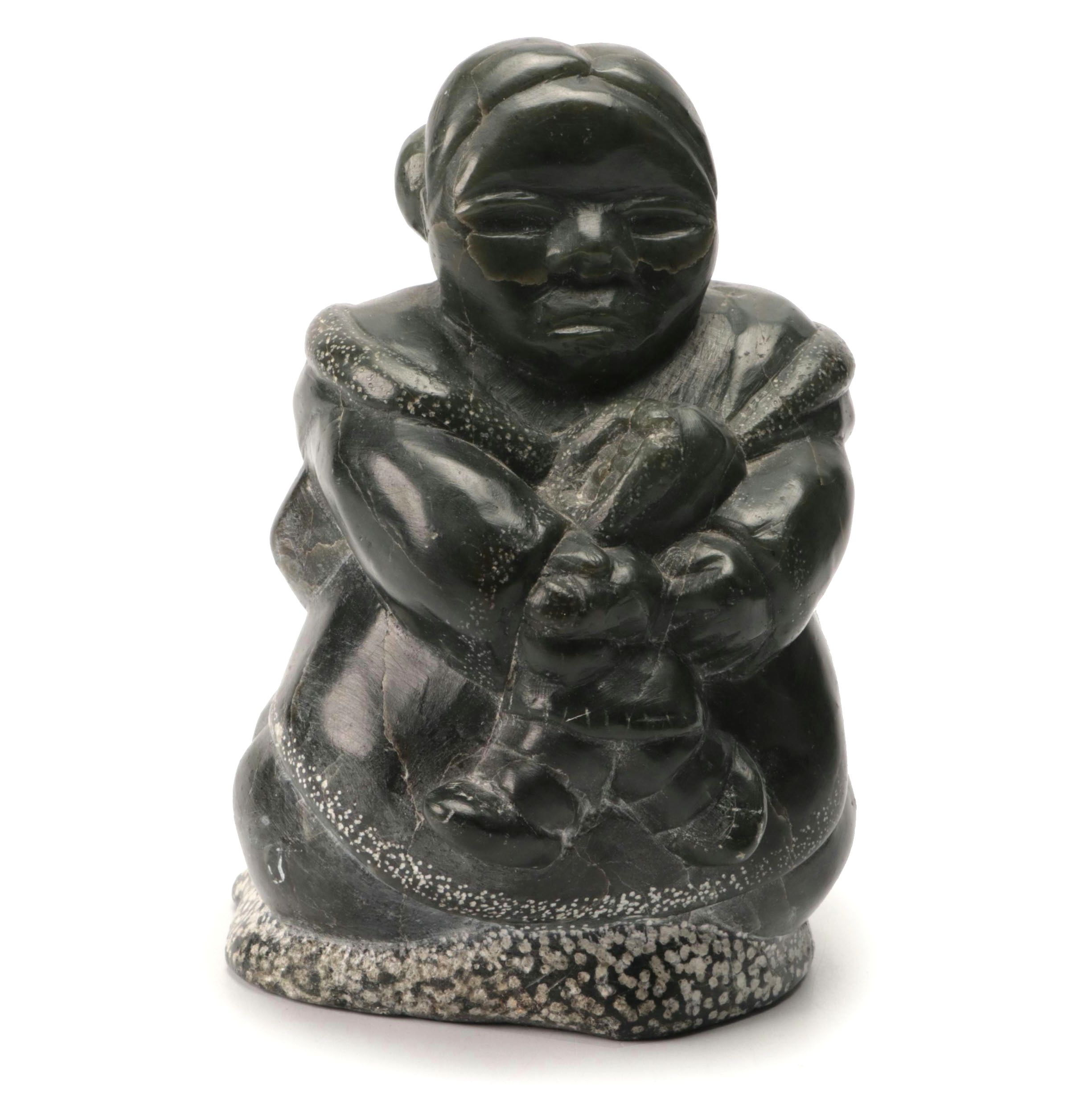 Inuit Soapstone Carved Figure of Mother with Child