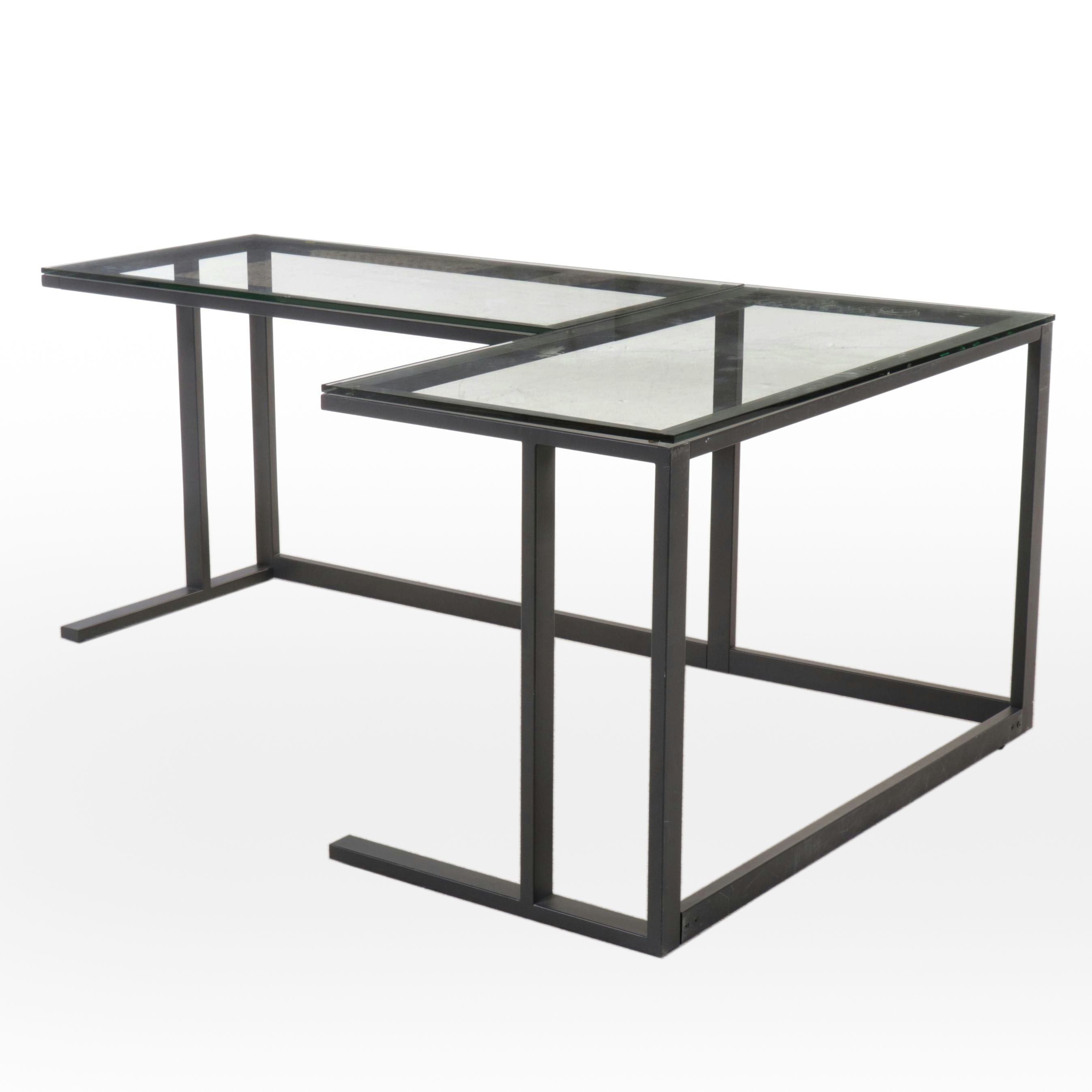 Contemporary Modern Metal Frame L-Shape Desk with Glass Top
