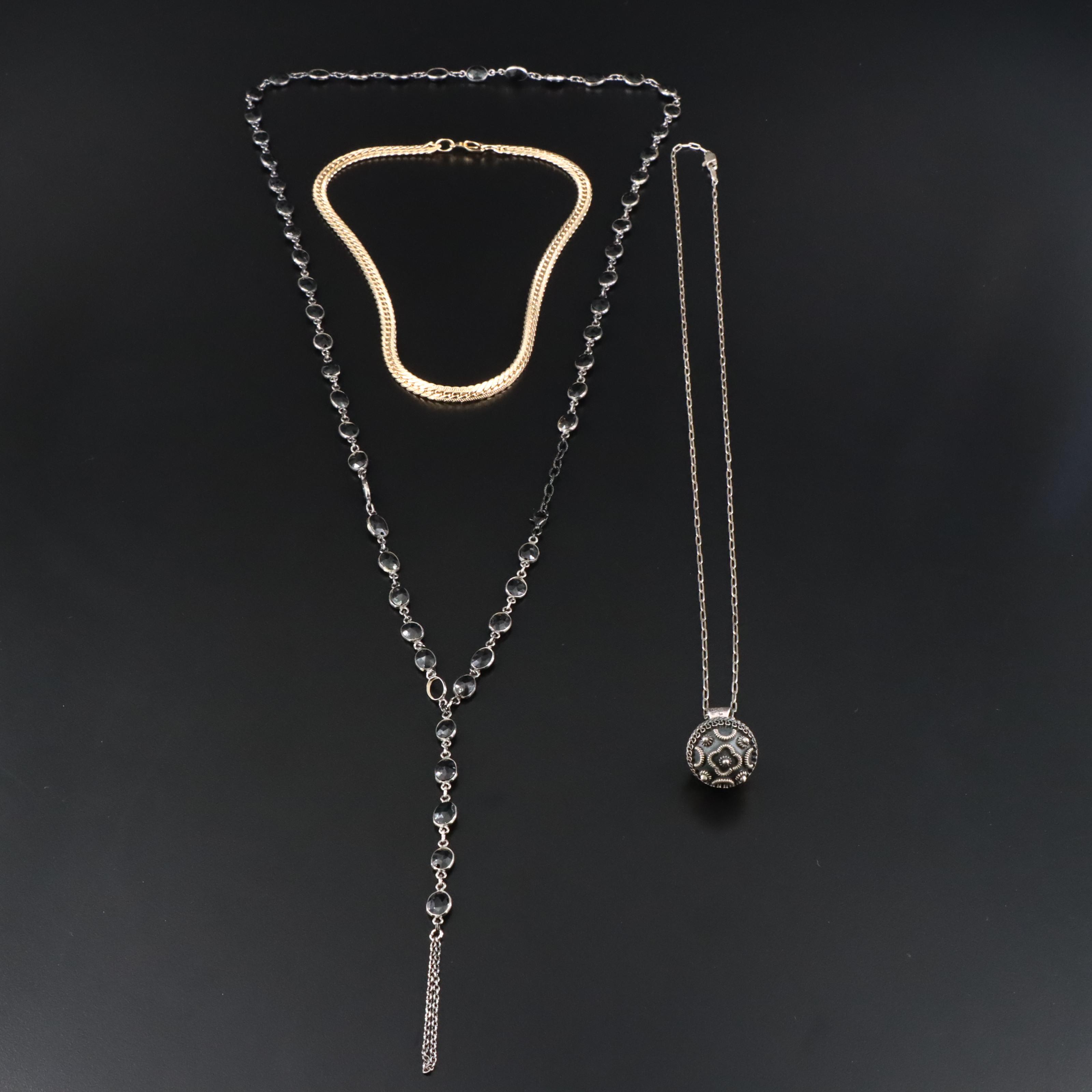 Mexican Sterling Harmony Bell Pendant, Black Onyx and Curb Chain Necklace