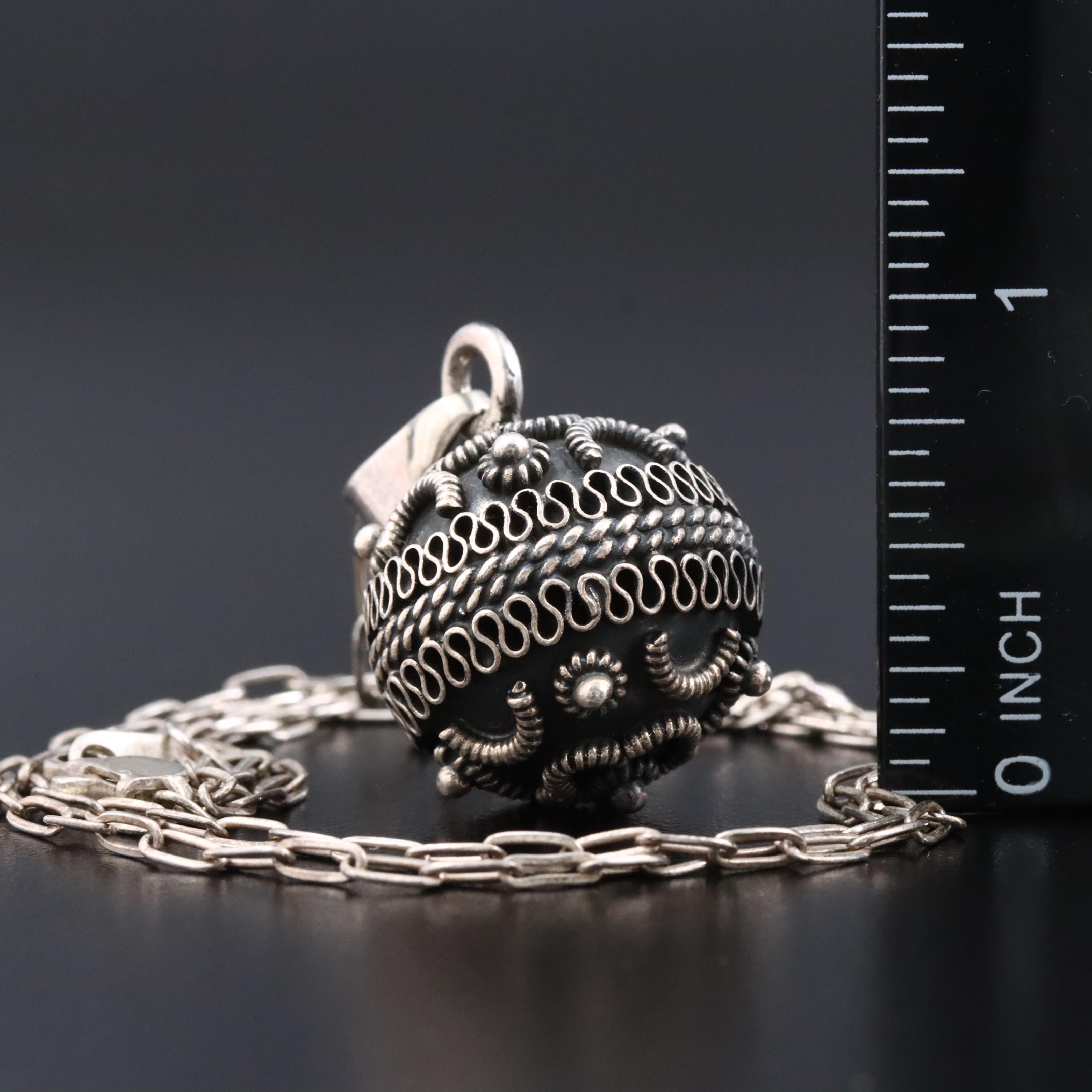 Mexican Sterling Harmony Bell Pendant, Black Onyx and Curb Chain Necklace