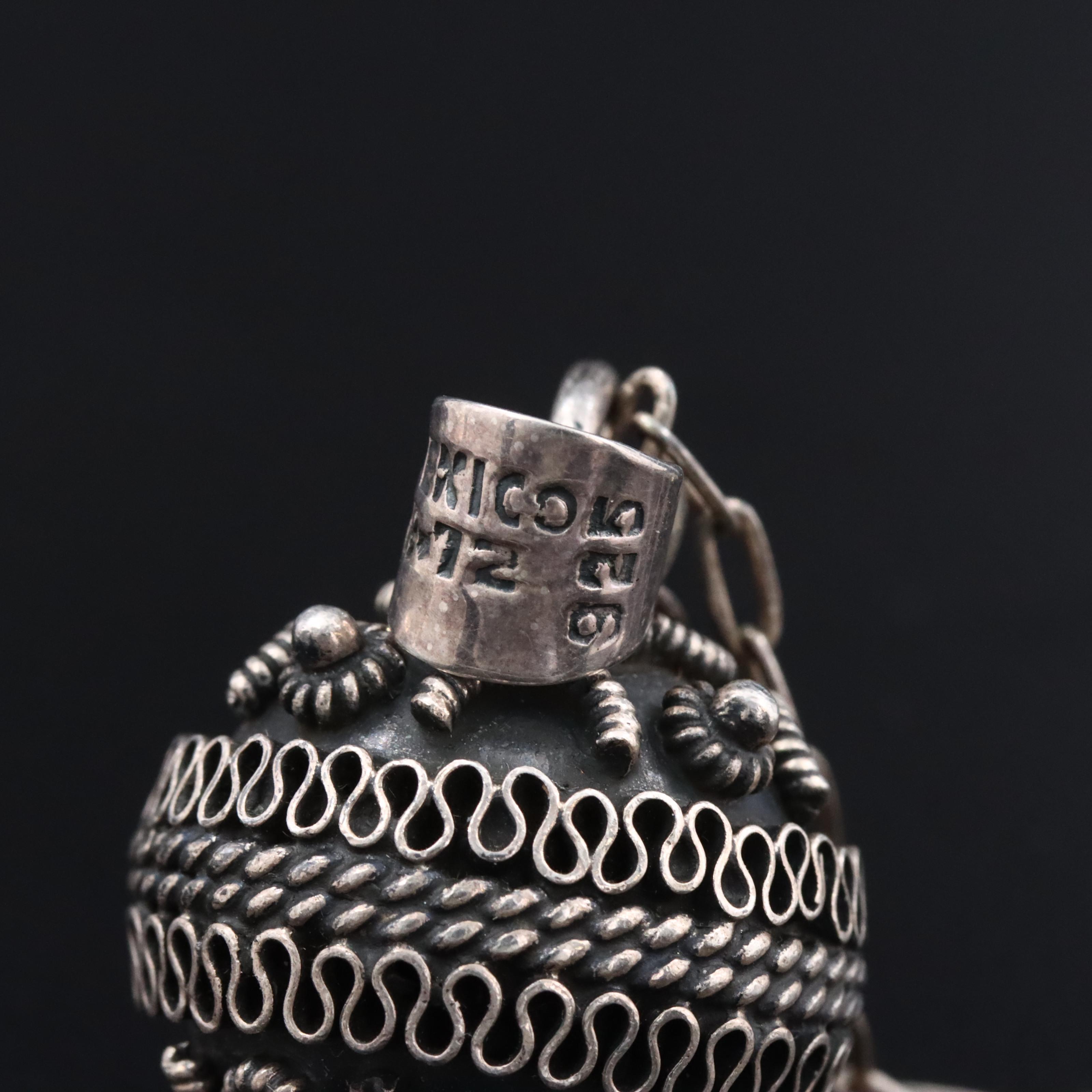 Mexican Sterling Harmony Bell Pendant, Black Onyx and Curb Chain Necklace