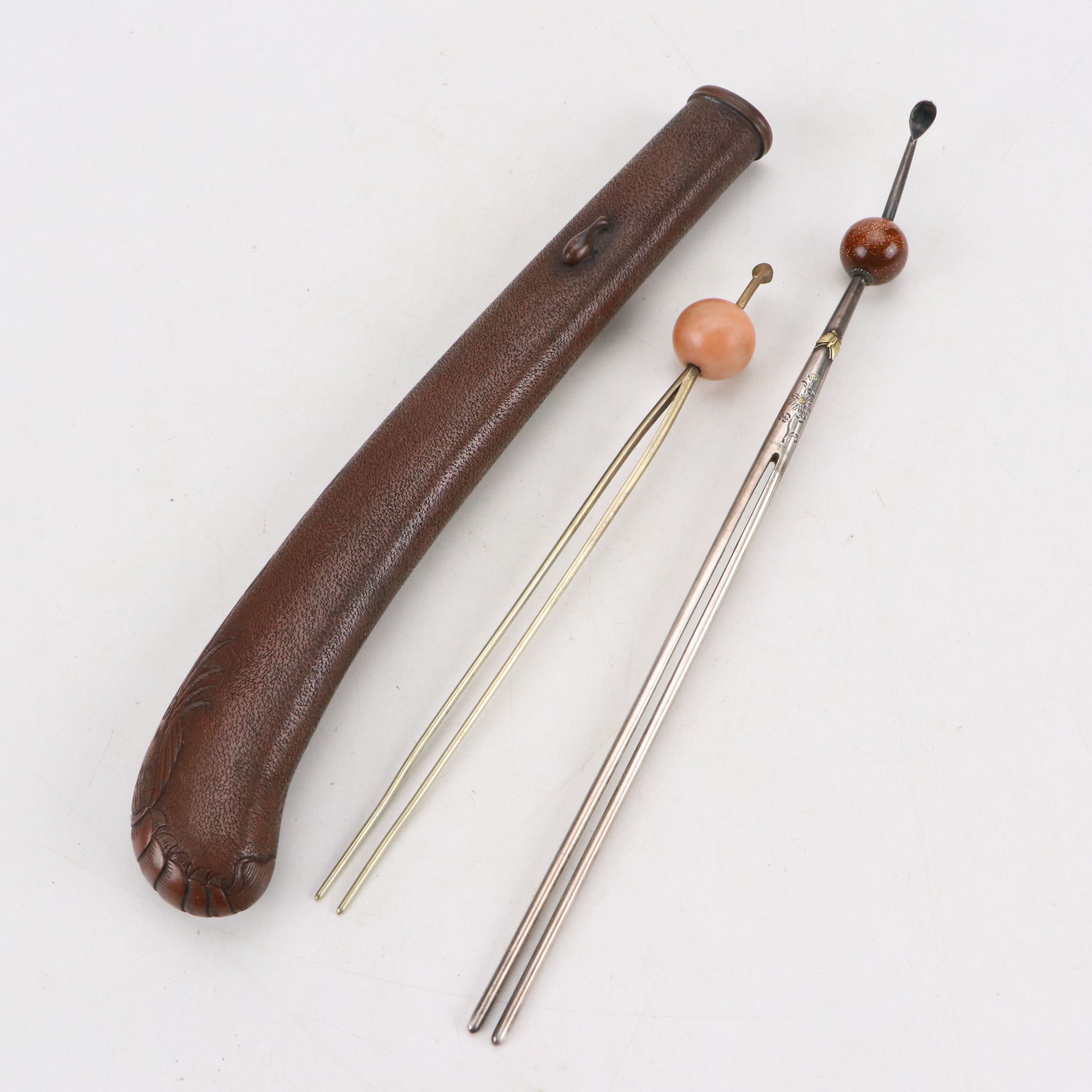 Chinese Sterling and Plate Pins, Embellished with Coral and Goldstone Glass