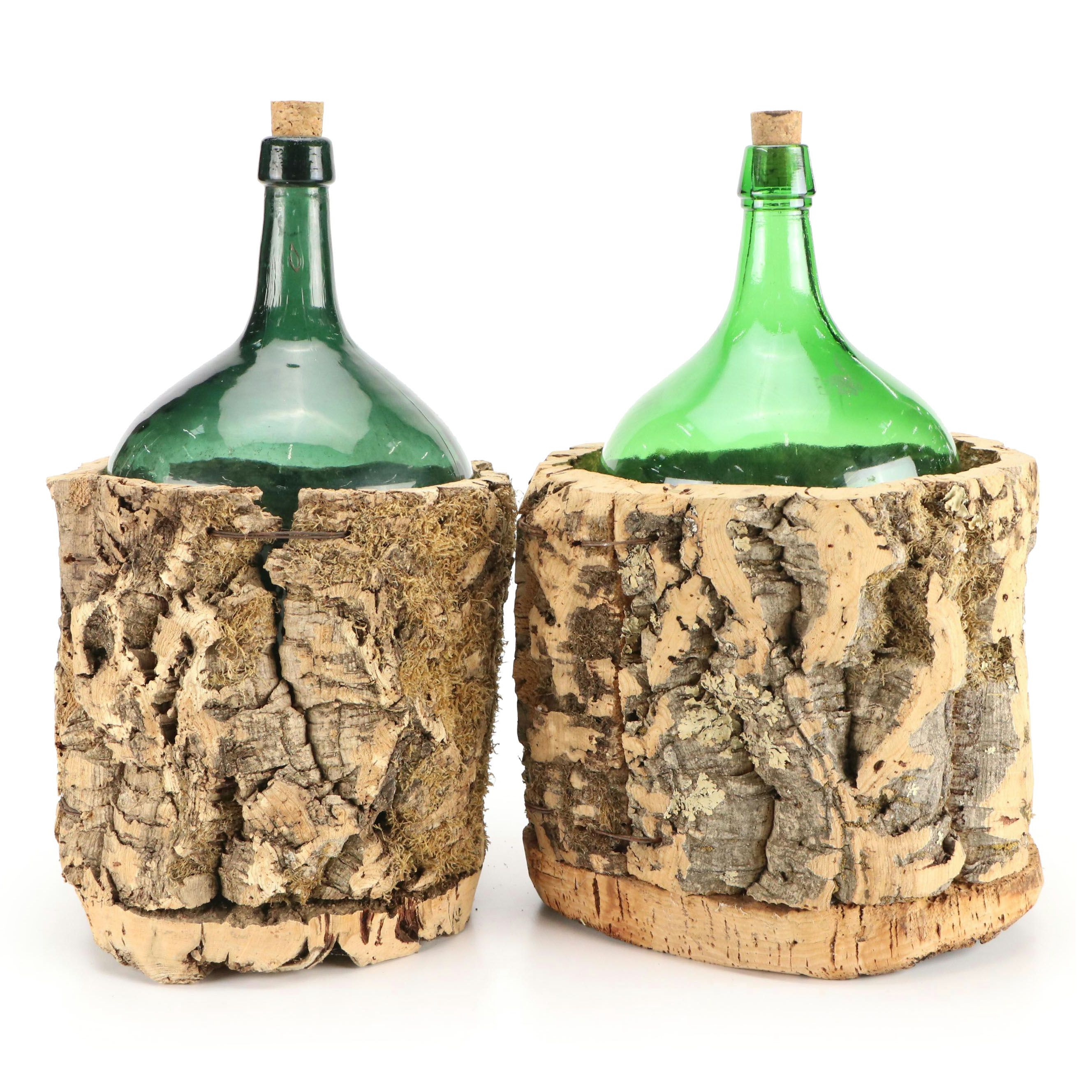 Pair of Vintage Continental Green Glass Demijohns, in Natural Cork Bark Jackets