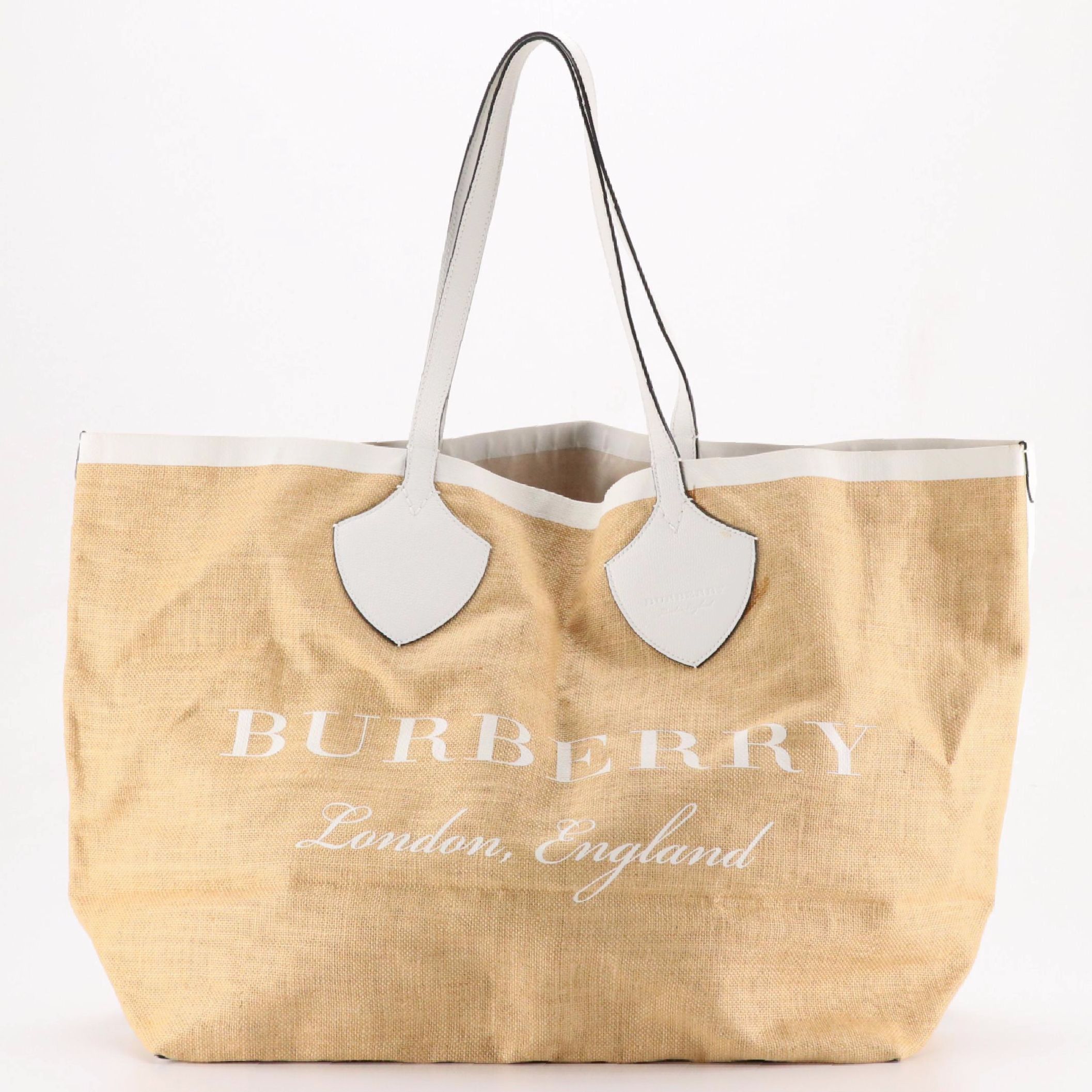 Burberry "The Giant" Medium Printed Jute Tote with White Leather Trim