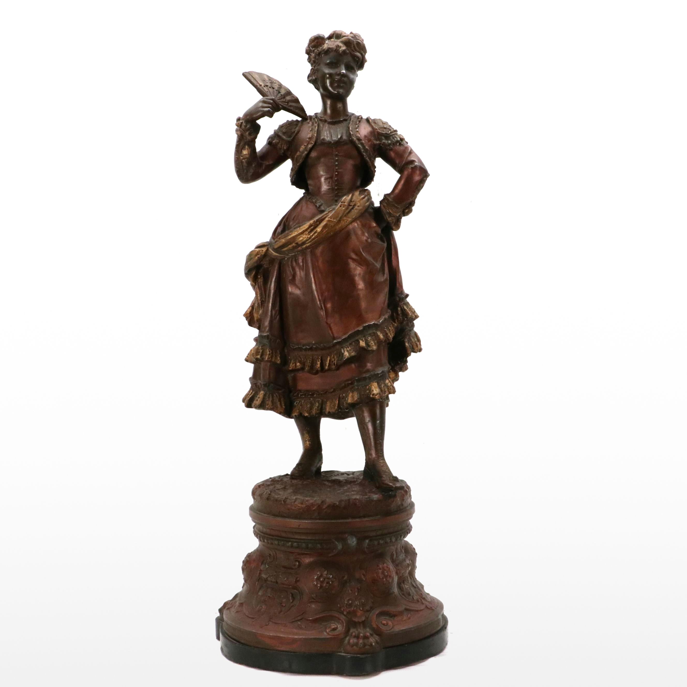 Cast Metal Sculpture of French Lady With Fan
