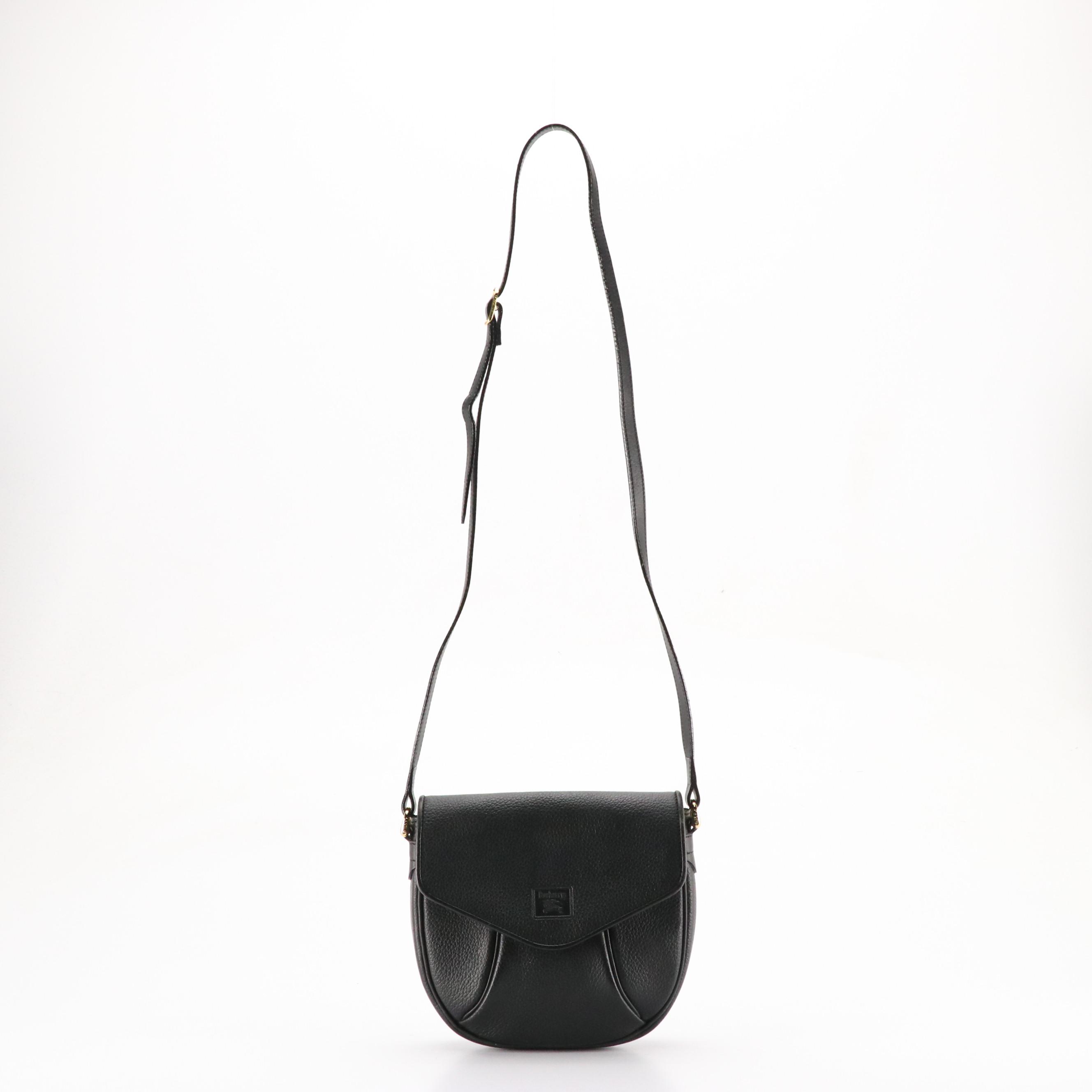 Burberrys Front Flap Crossbody Bag in Black Grained Calfskin Leather