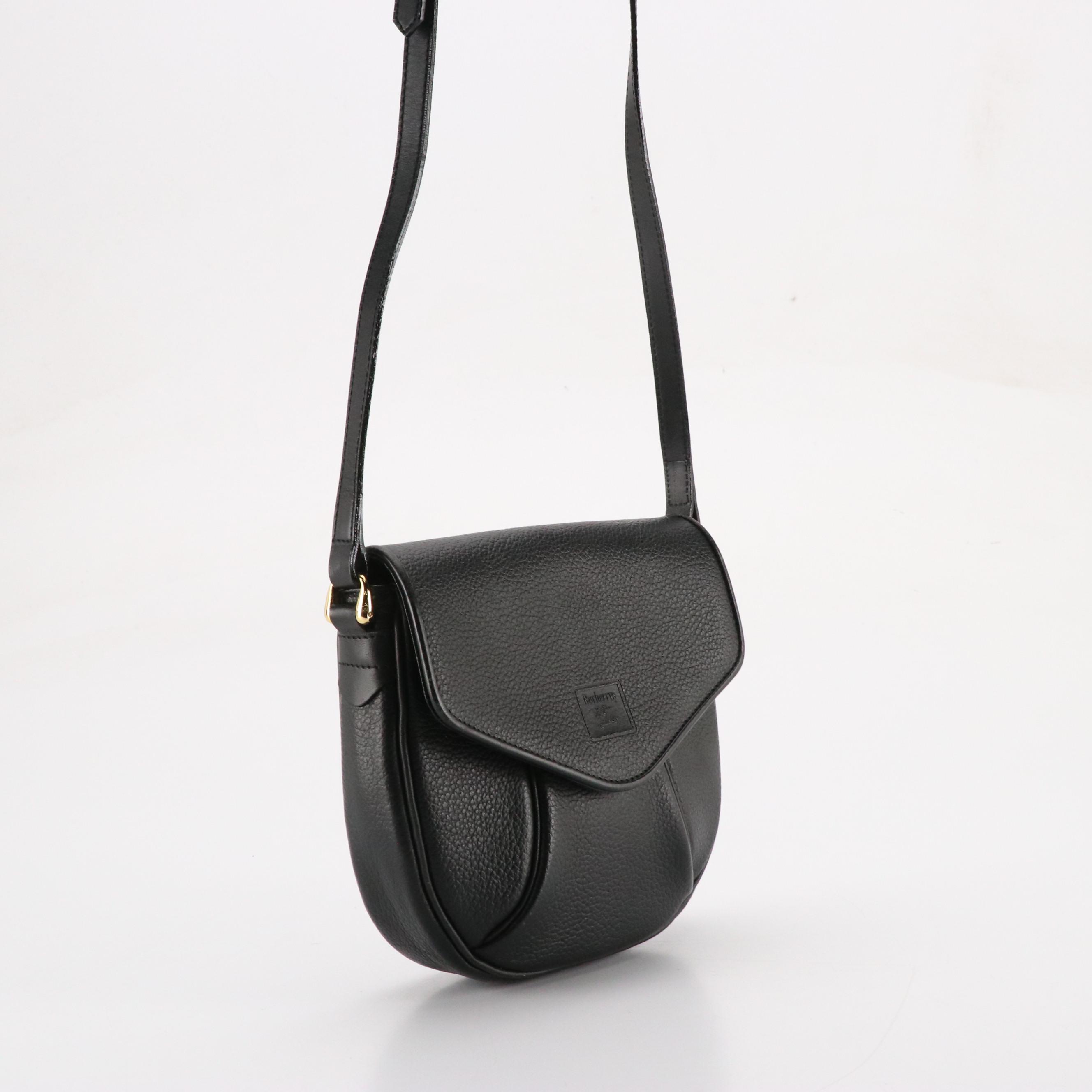 Burberrys Front Flap Crossbody Bag in Black Grained Calfskin Leather