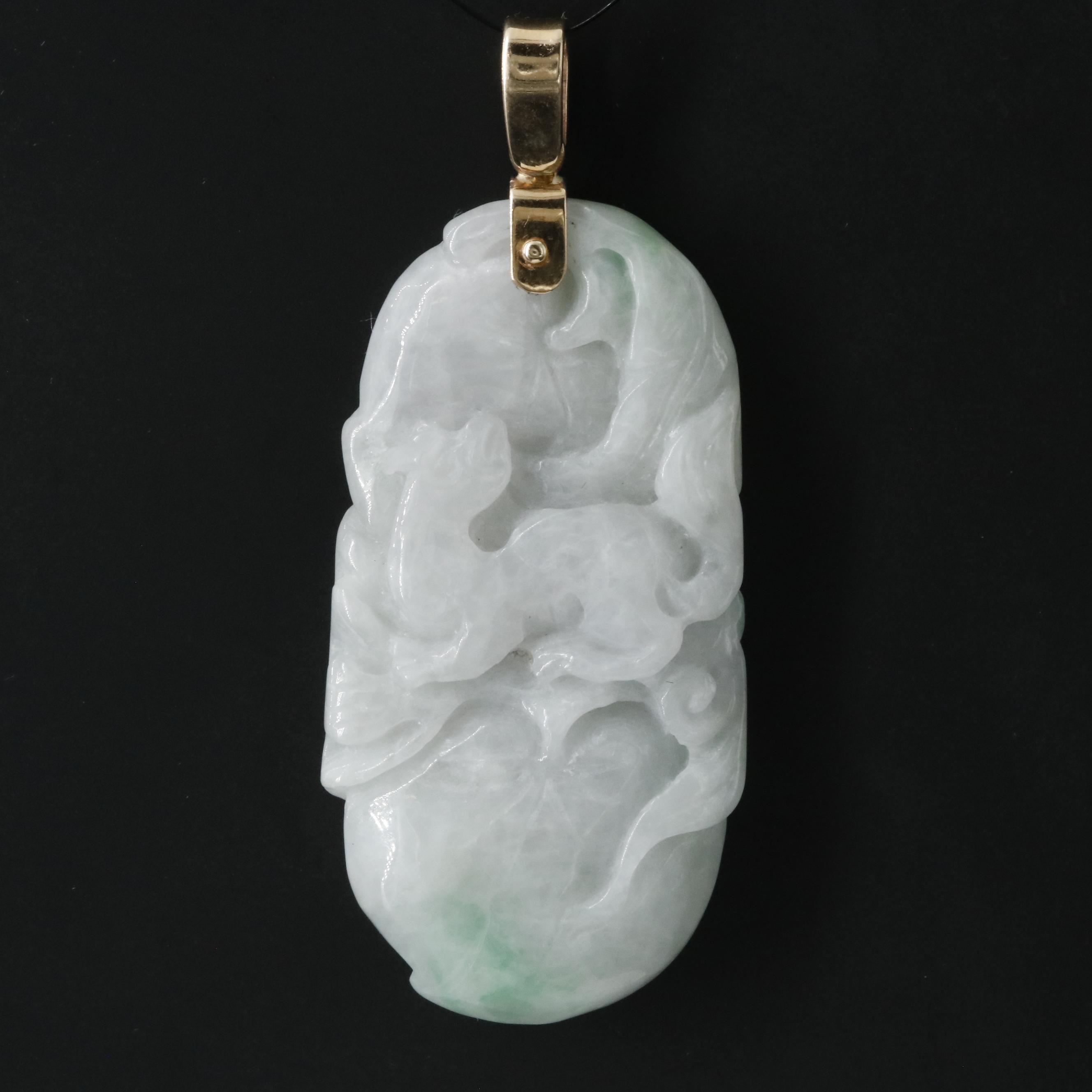 Chinese 14K Carved Jadeite Fruit and Animal Pendant