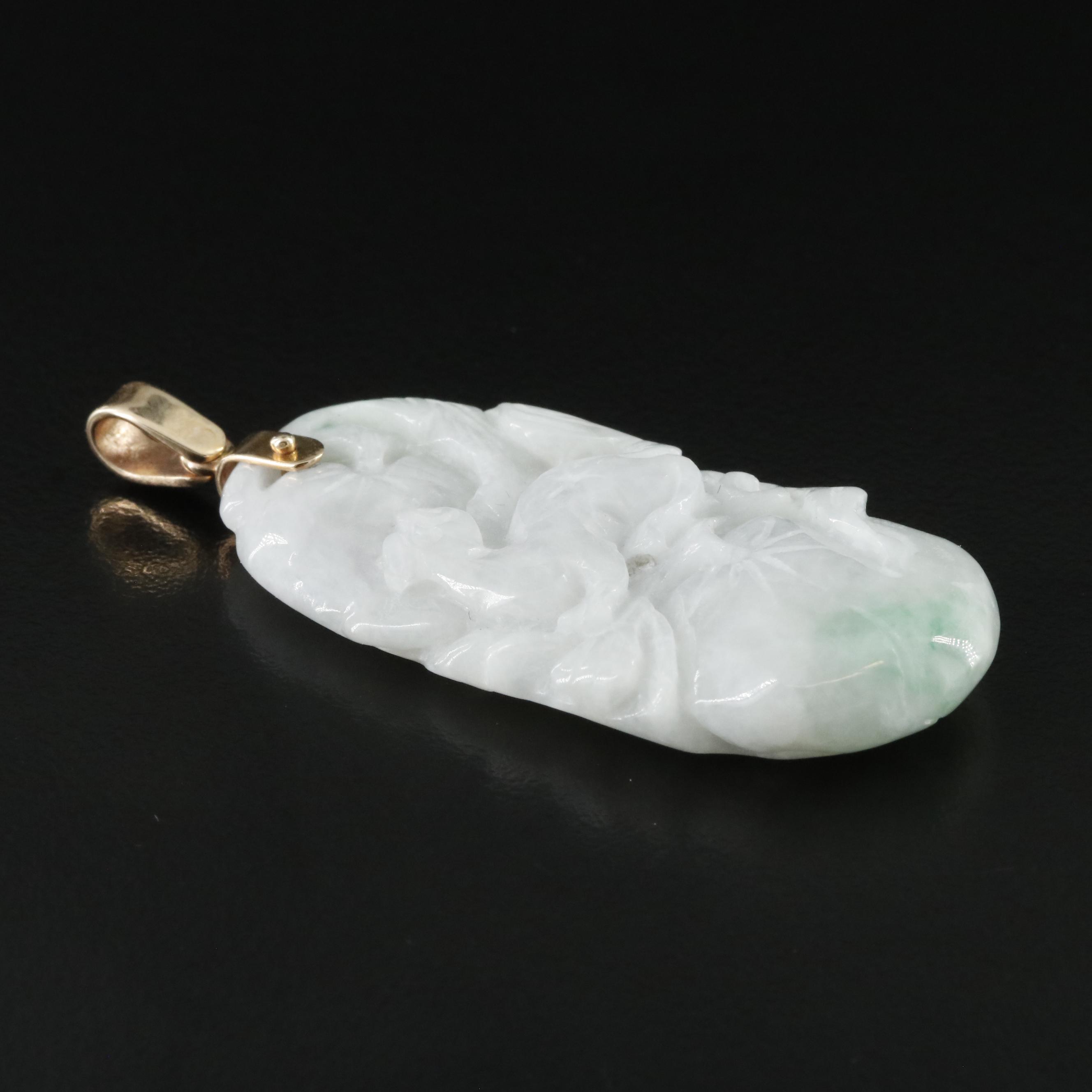 Chinese 14K Carved Jadeite Fruit and Animal Pendant