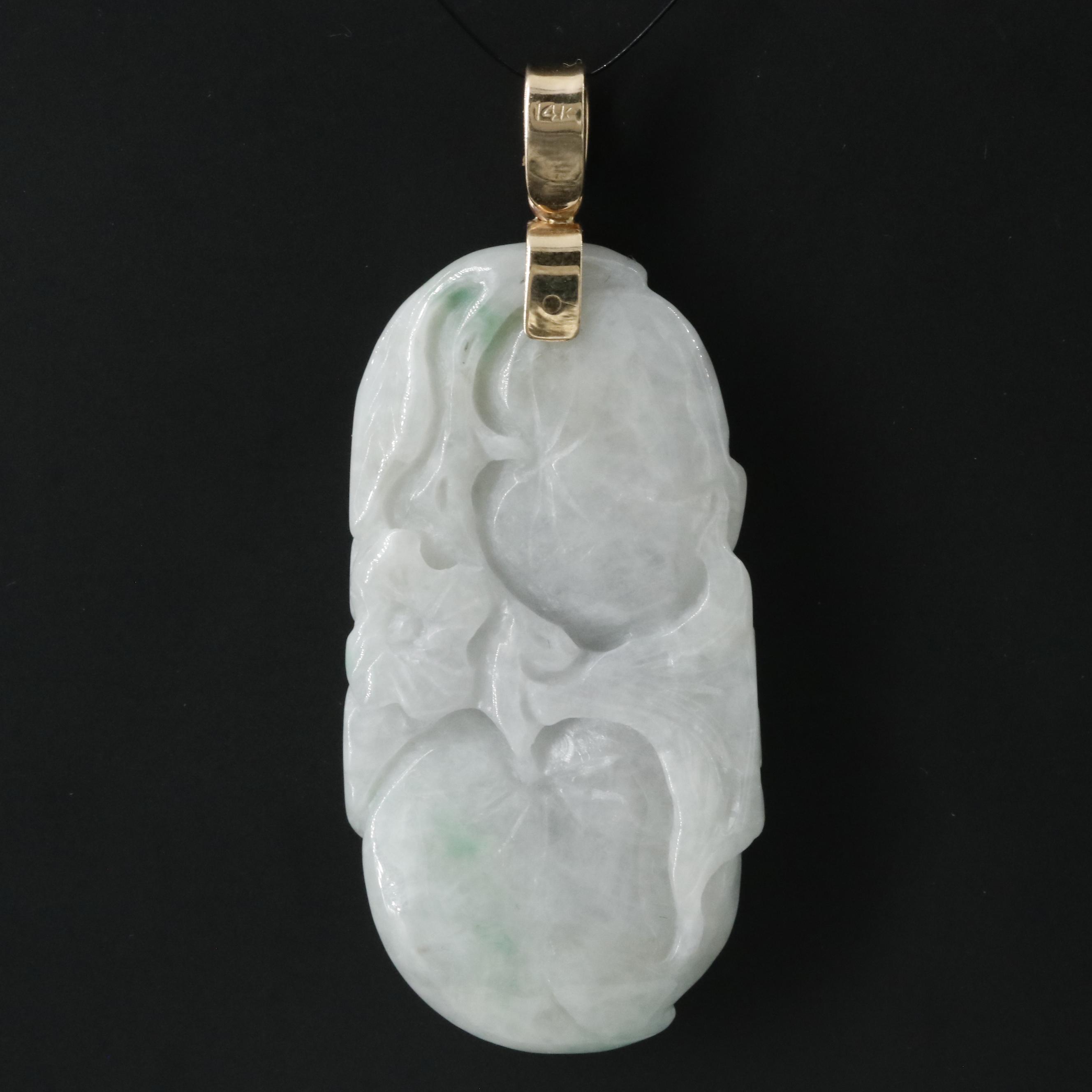Chinese 14K Carved Jadeite Fruit and Animal Pendant