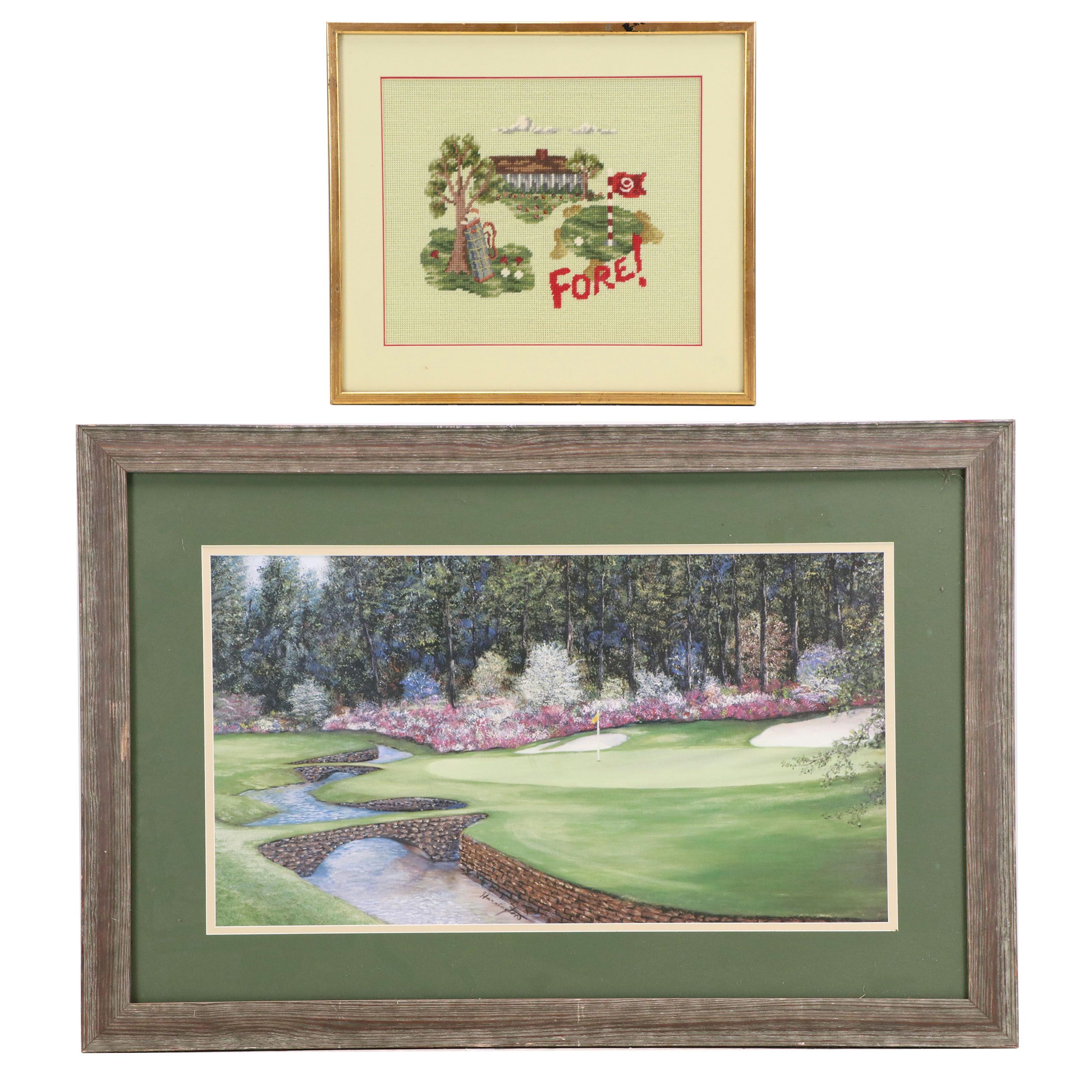 Golf-Themed Artwork Offset Lithograph with Golf Novelty Needlepoint Panel