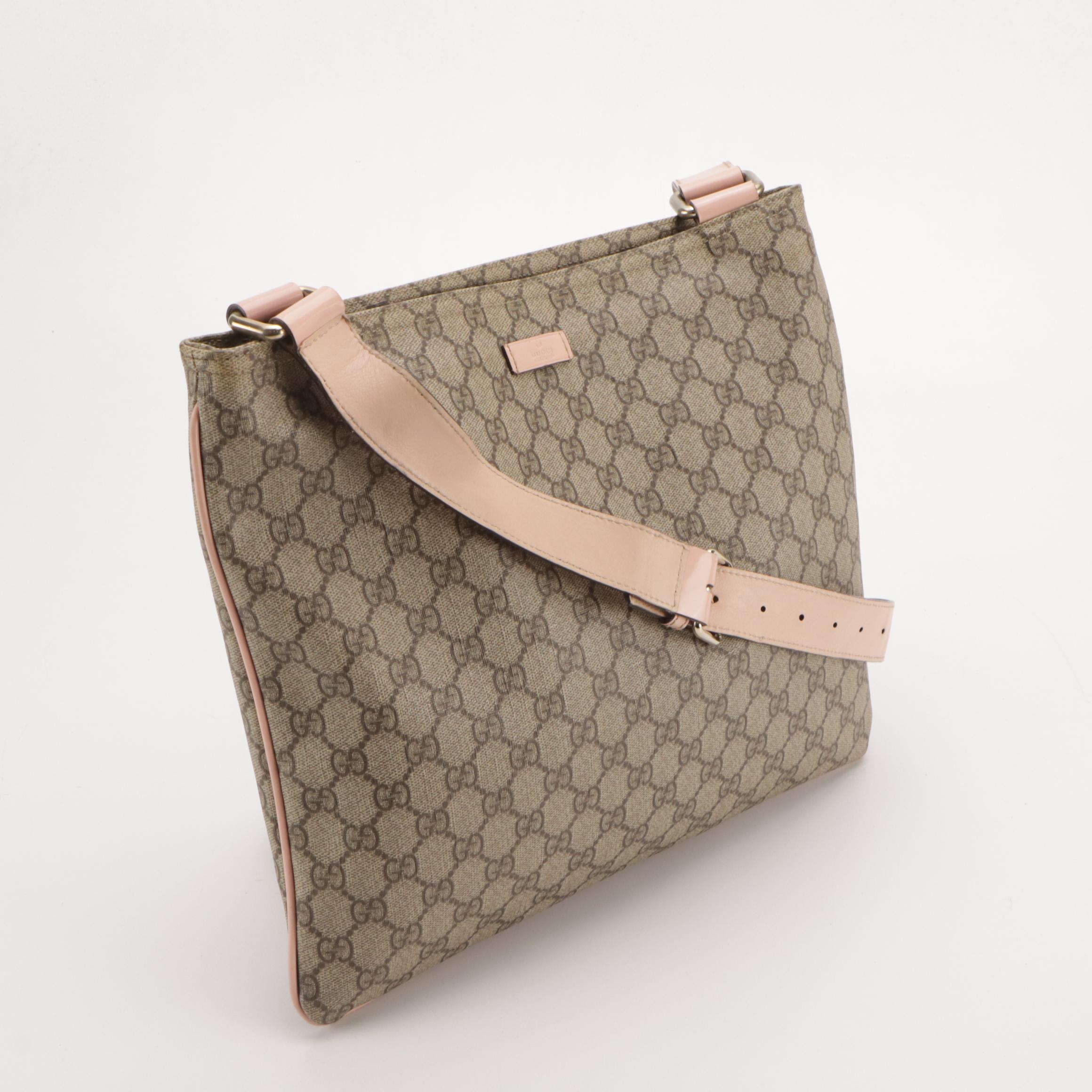 Gucci Flat Crossbody Bag in GG Supreme Canvas and Pink Leather Trim