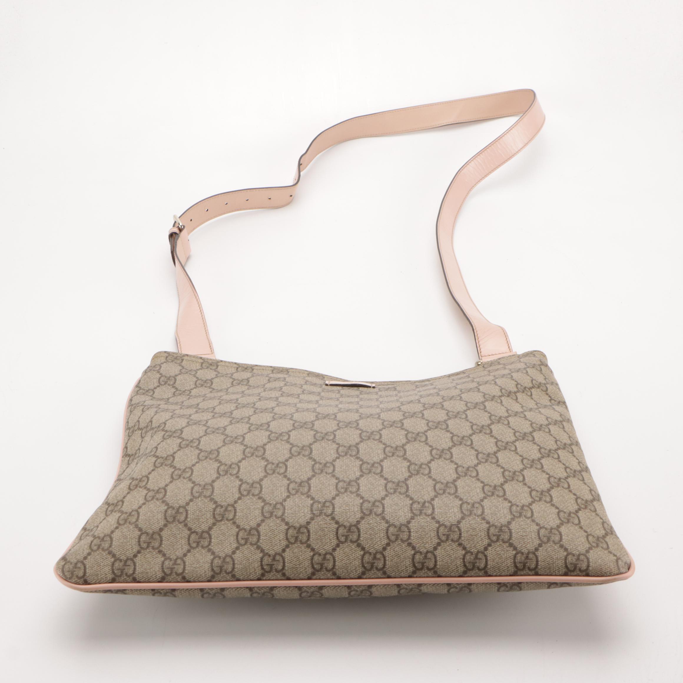 Gucci Flat Crossbody Bag in GG Supreme Canvas and Pink Leather Trim