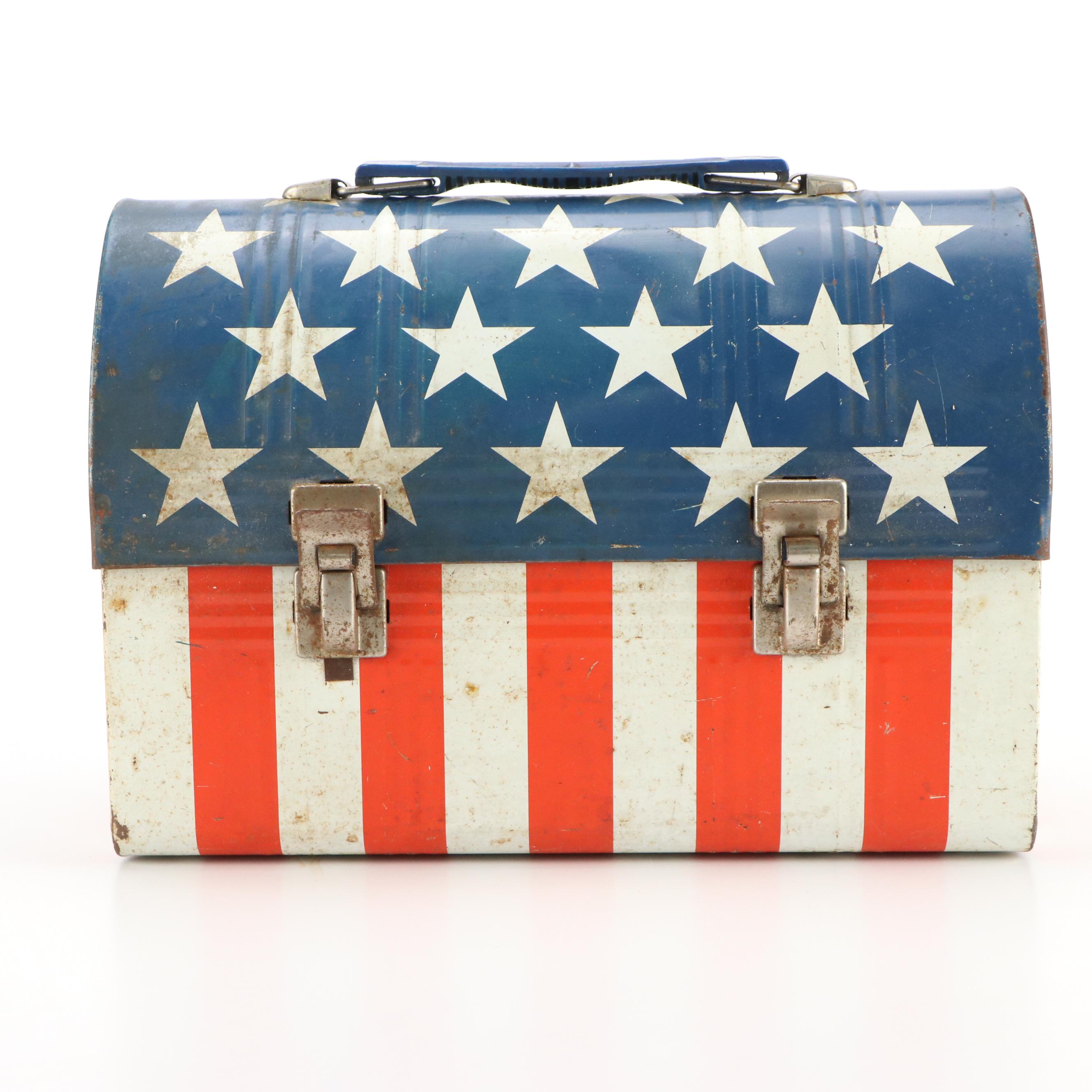 Aladdin Stars and Stripes Dome-Top Lithographed Tin Lunch Box, circa 1970s