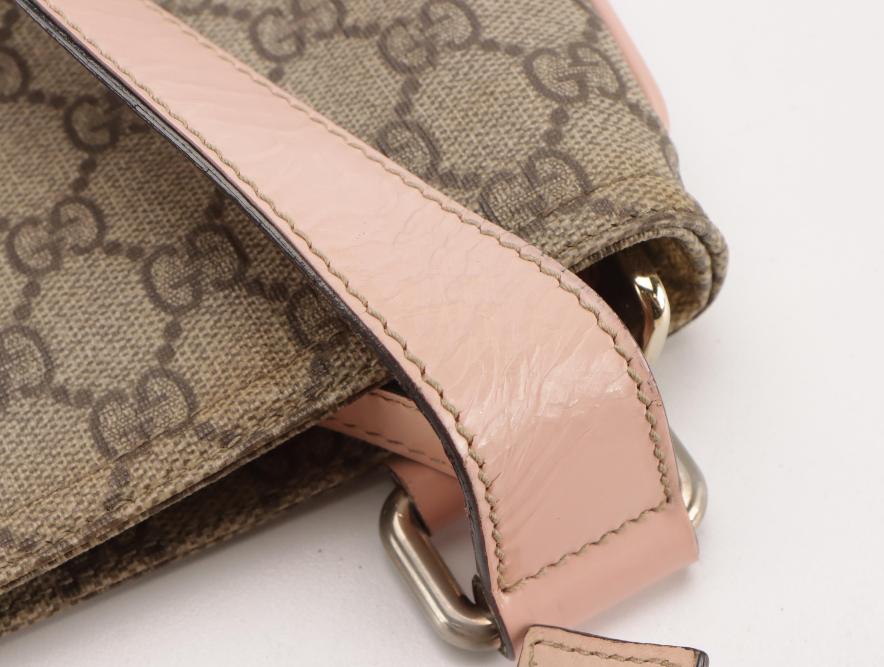 Gucci Flat Crossbody Bag in GG Supreme Canvas and Pink Leather Trim