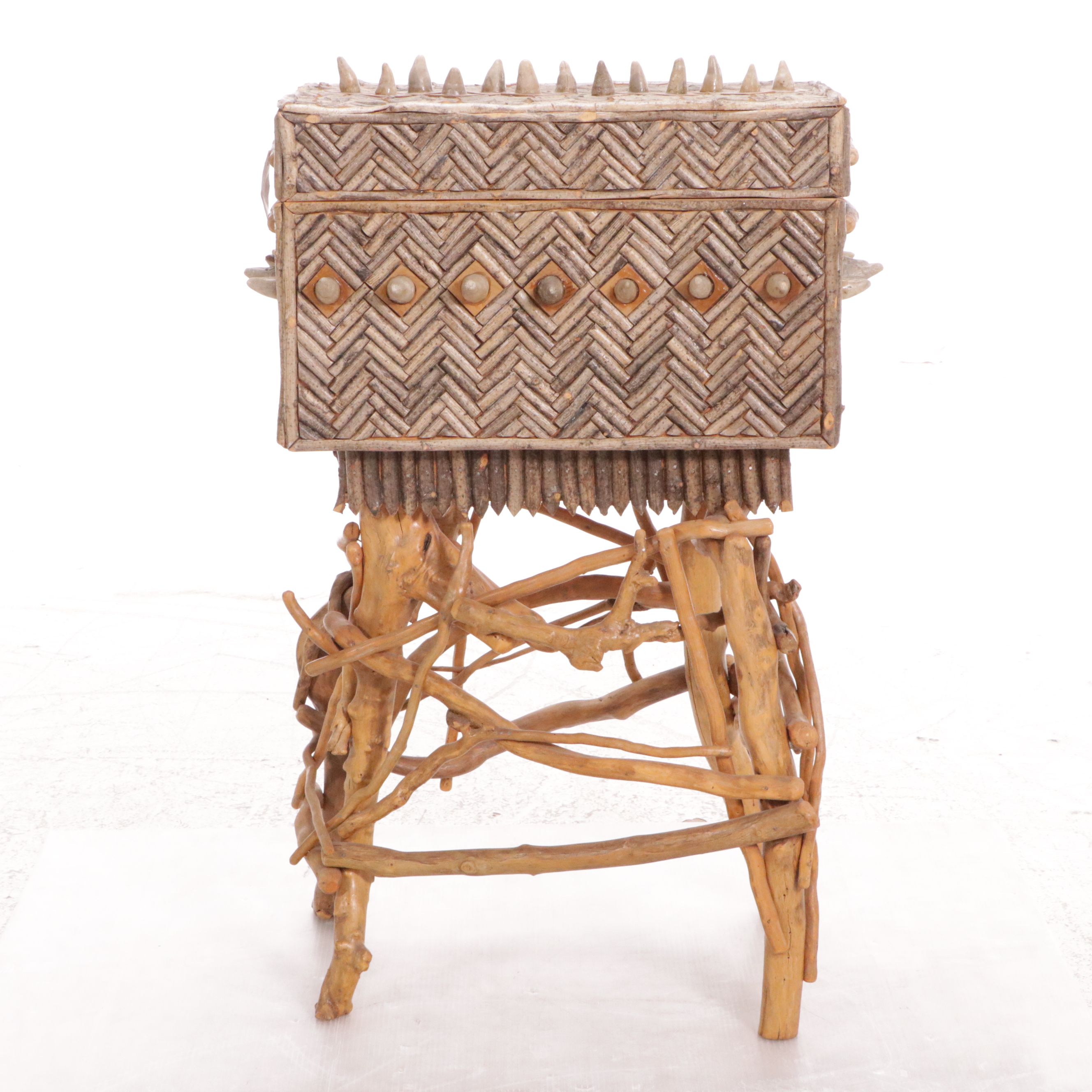 Folk Art Box, Adorned with Horn Coral Fossils on Adirondack Style Twig Stand