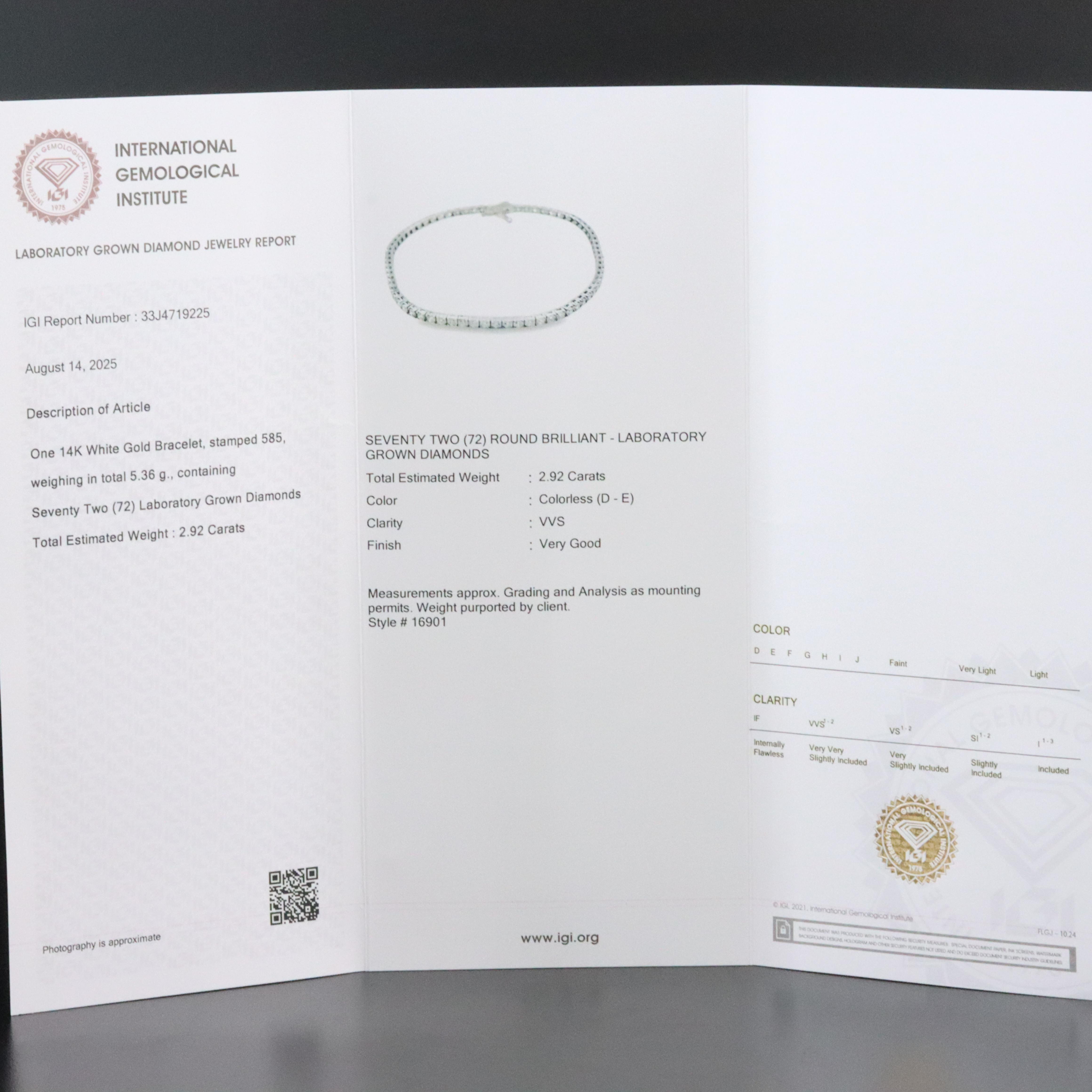 14K 2.92 CTW Lab Grown Diamond Line Bracelet with IGI Jewelry Report