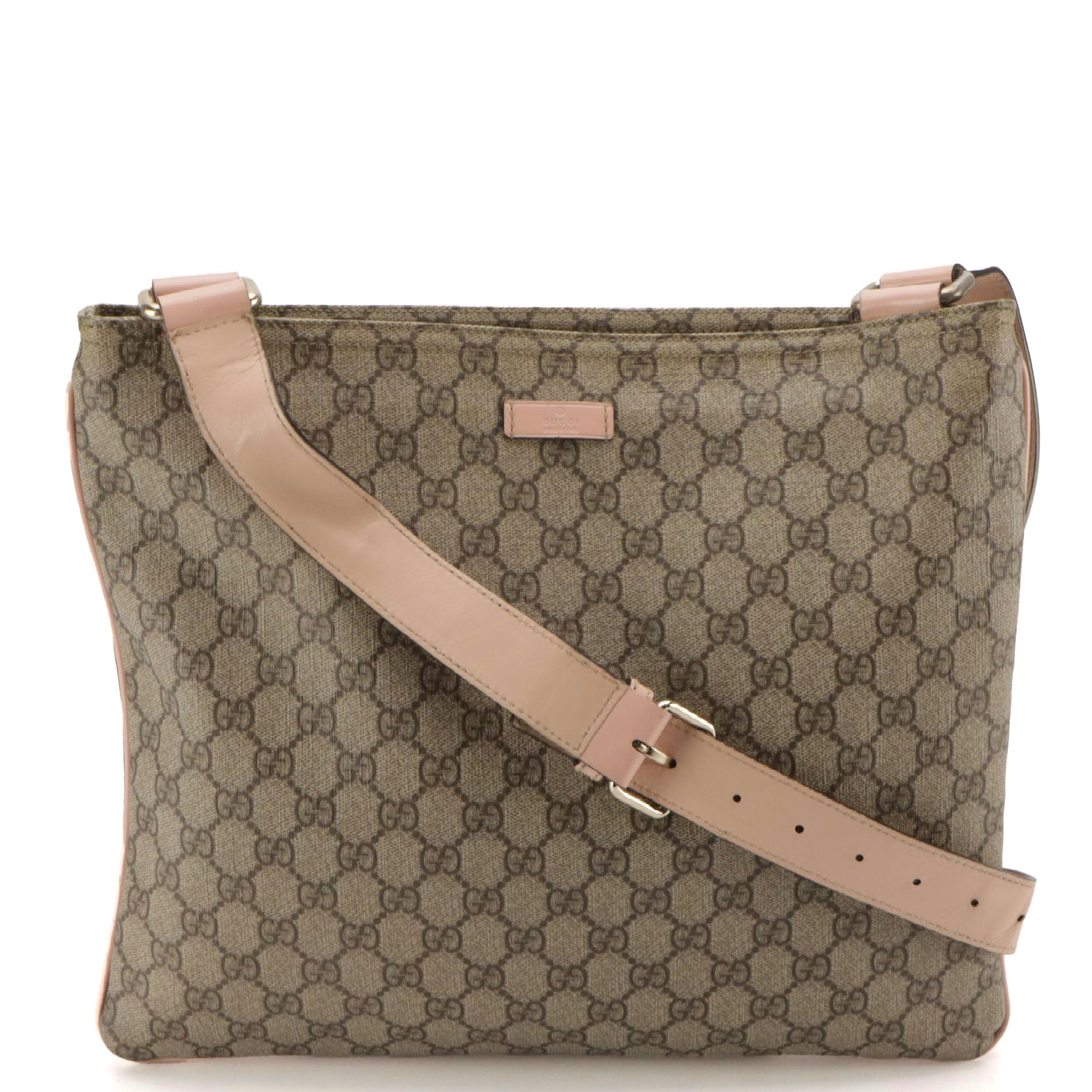 Gucci Flat Crossbody Bag in GG Supreme Canvas and Pink Leather Trim
