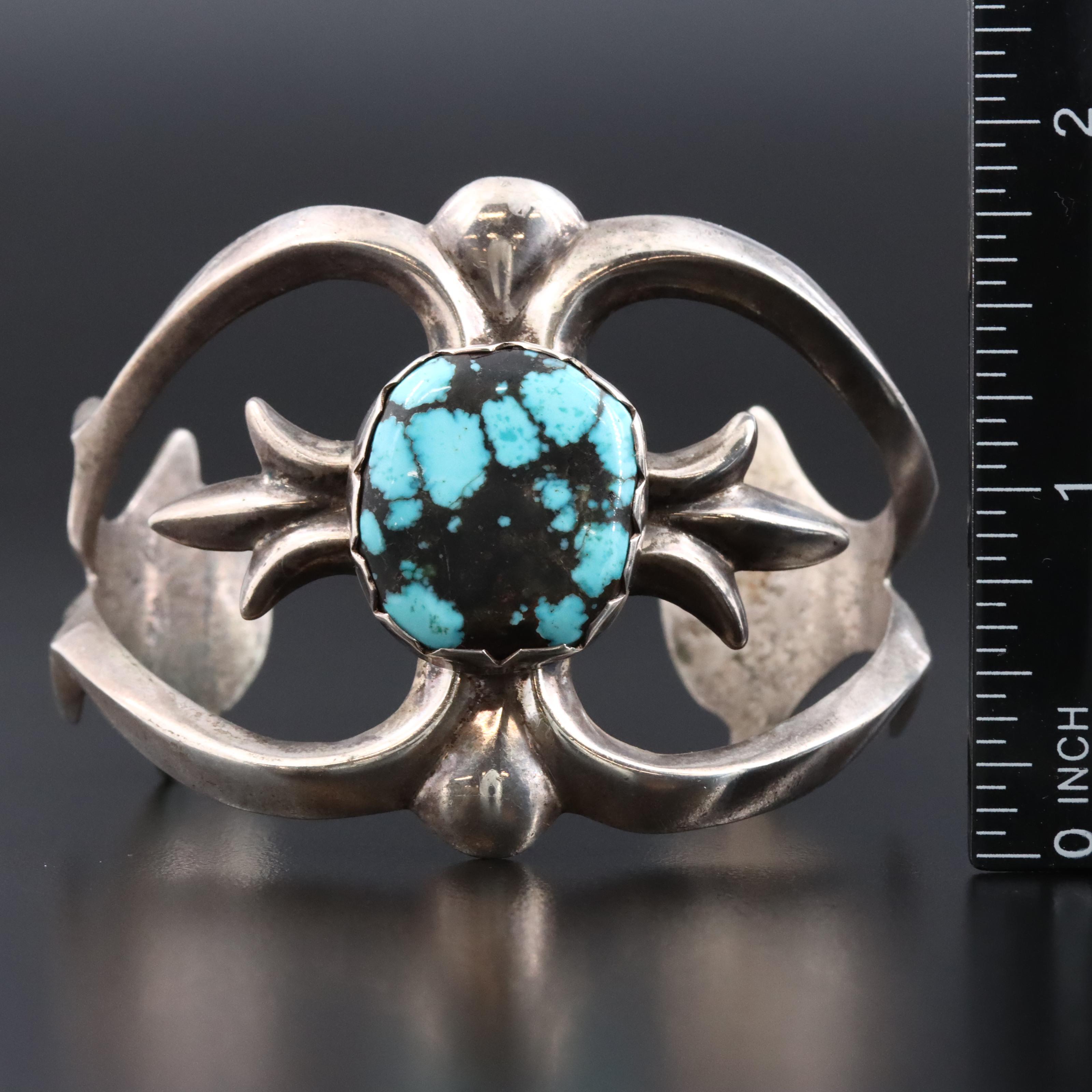 Southwestern Sterling Turquoise in Matrix Sandcast Cuff Bracelet