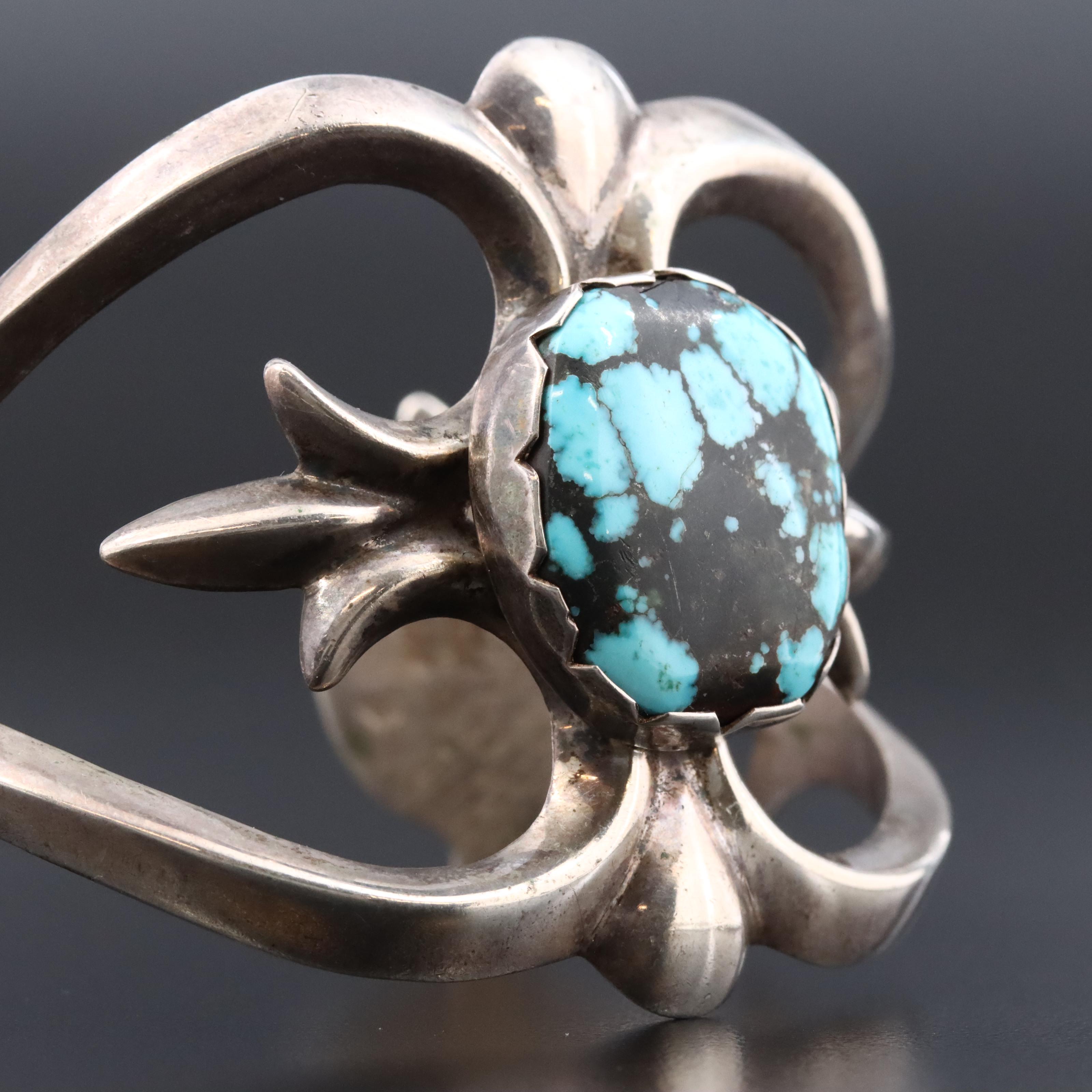 Southwestern Sterling Turquoise in Matrix Sandcast Cuff Bracelet