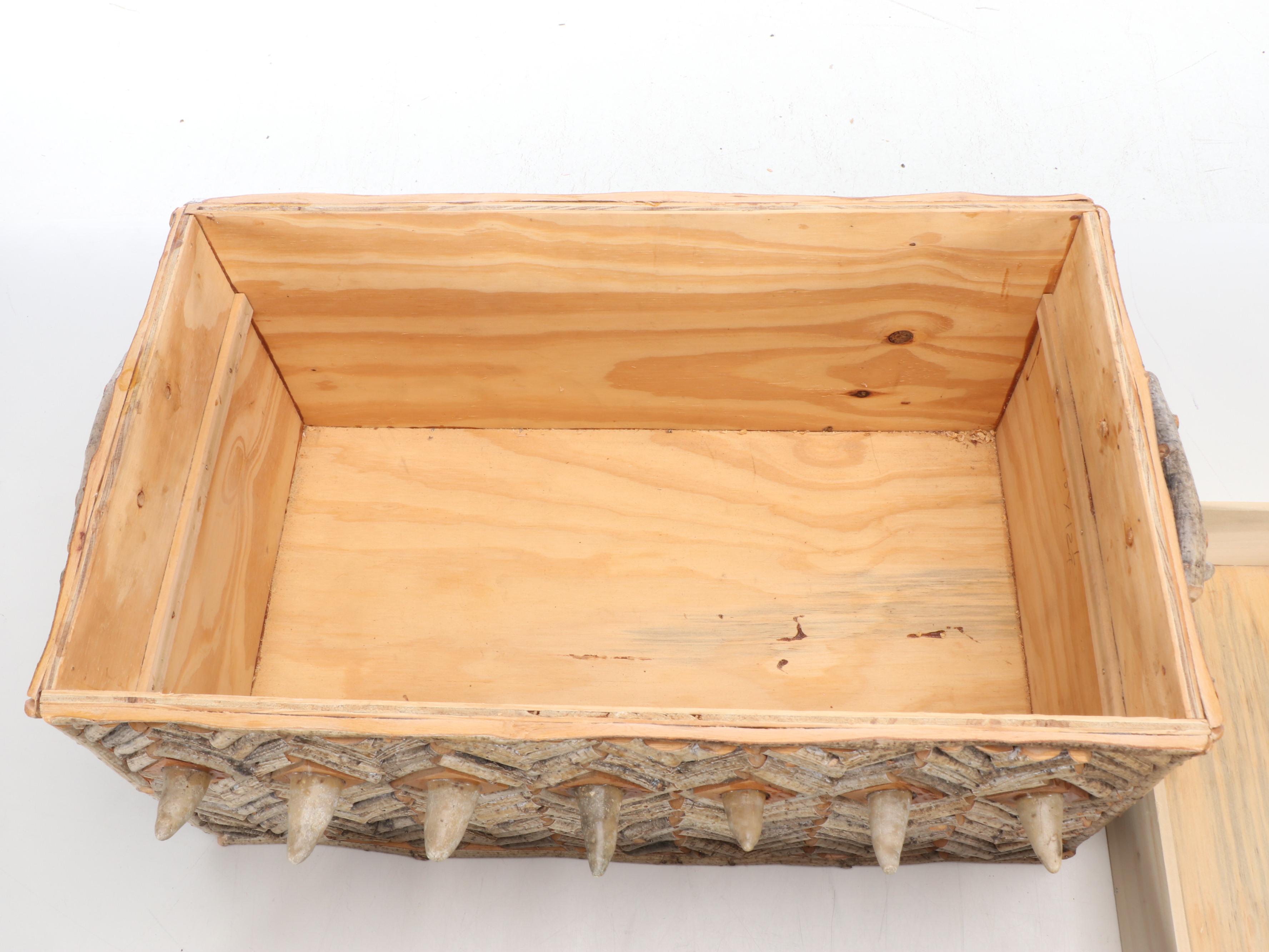 Folk Art Box, Adorned with Horn Coral Fossils on Adirondack Style Twig Stand