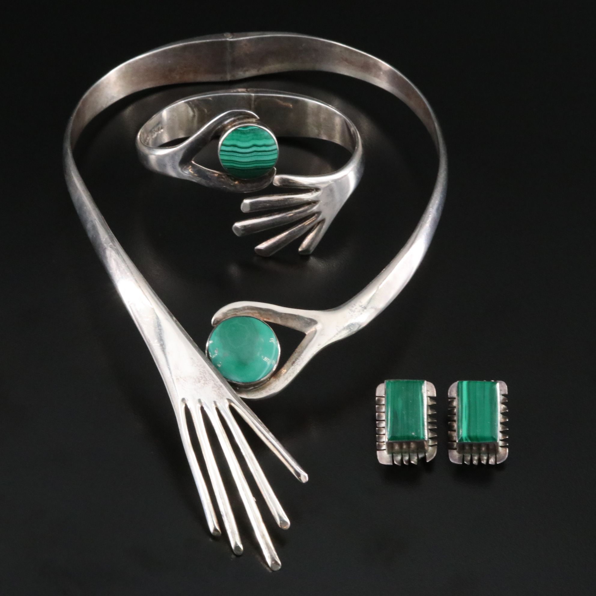 Mexican Sterling Malachite Bracelet and Necklace Set with Earrings