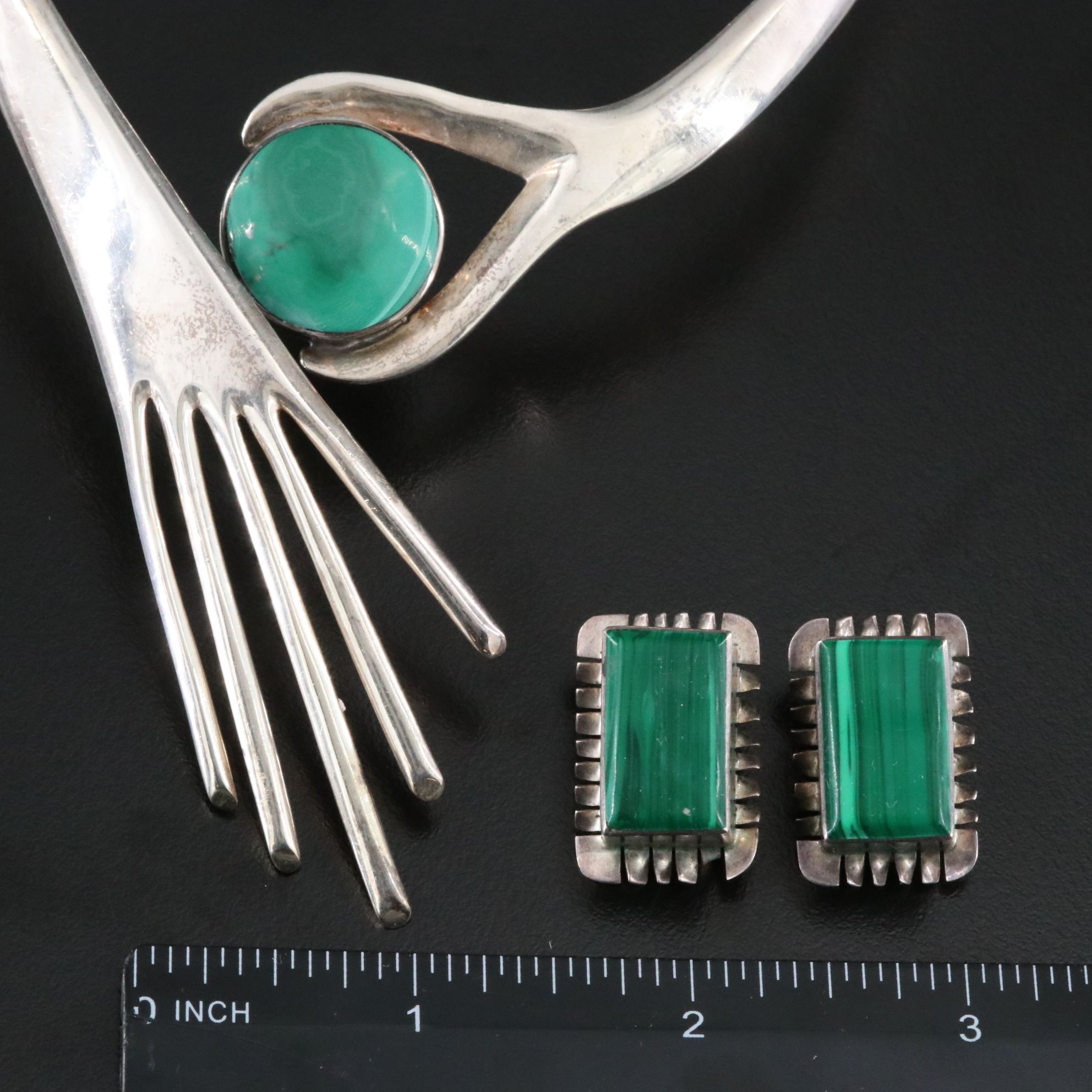 Mexican Sterling Malachite Bracelet and Necklace Set with Earrings