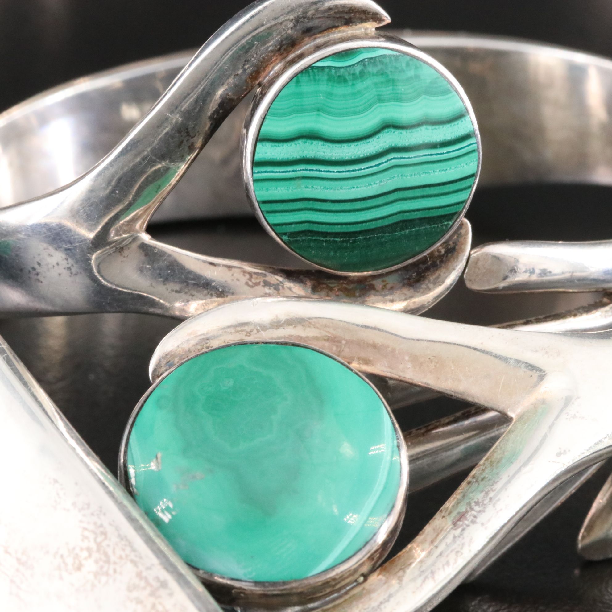 Mexican Sterling Malachite Bracelet and Necklace Set with Earrings