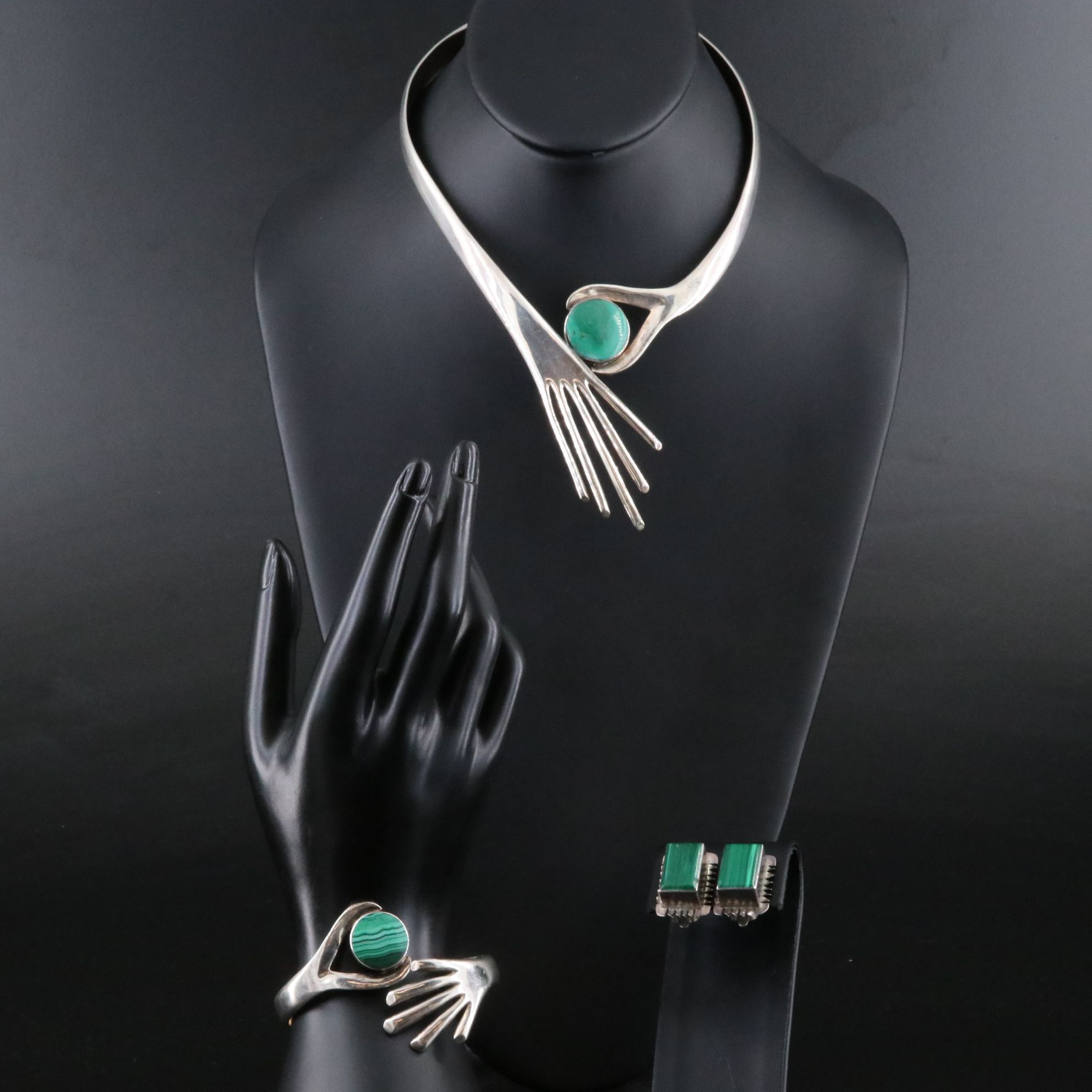 Mexican Sterling Malachite Bracelet and Necklace Set with Earrings