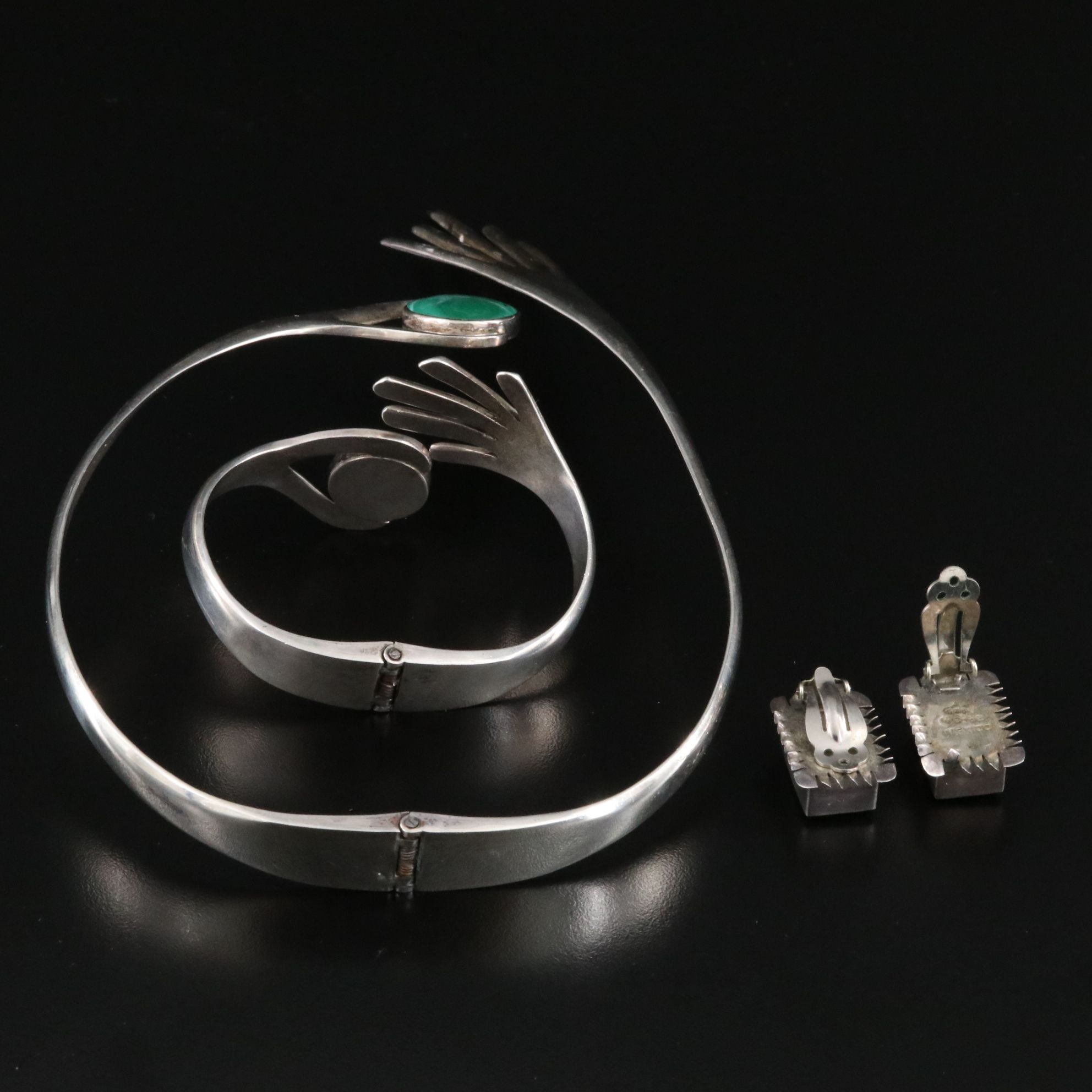 Mexican Sterling Malachite Bracelet and Necklace Set with Earrings