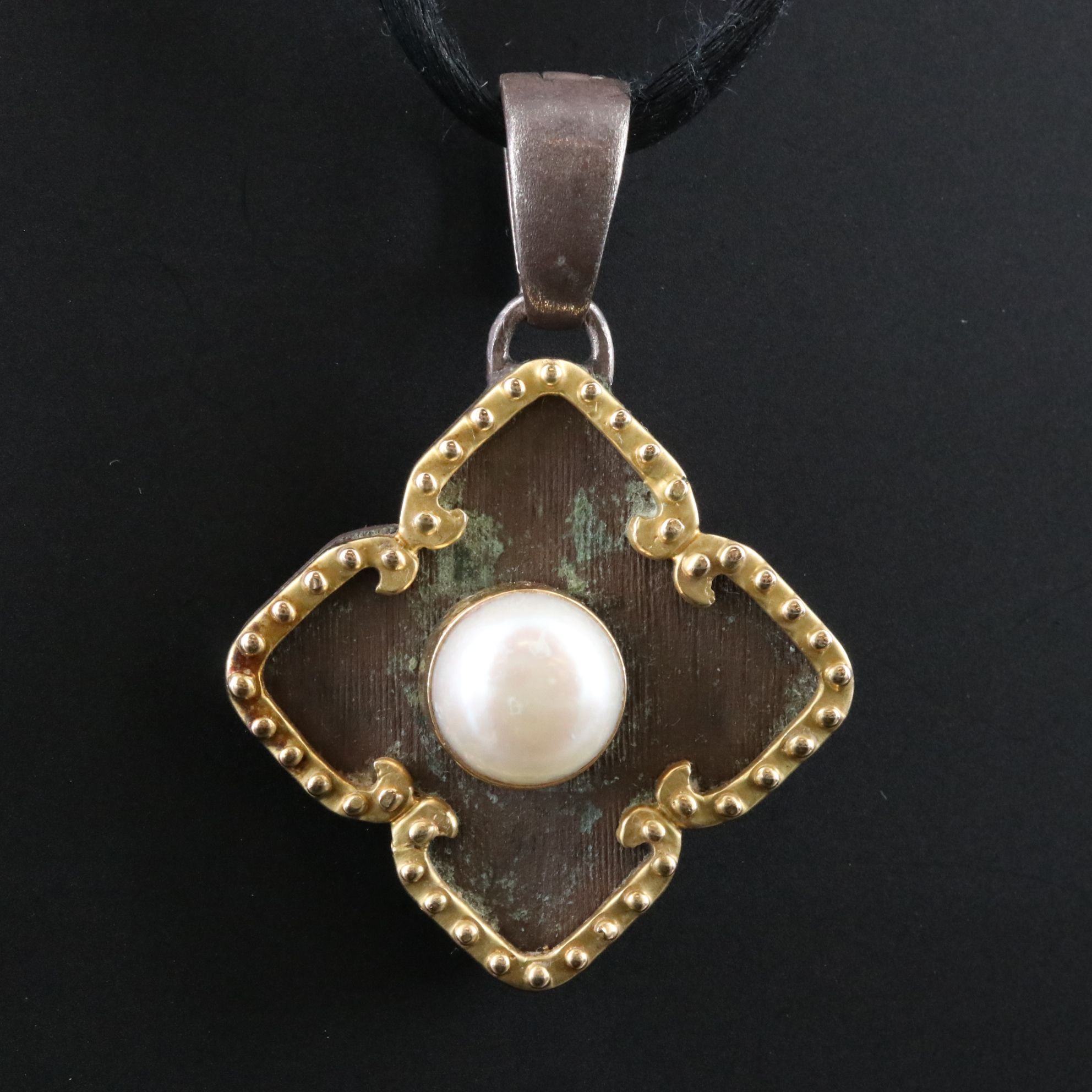 MAZ Sterling Pearl Quatrefoil Pendant Necklace with 14K Accent