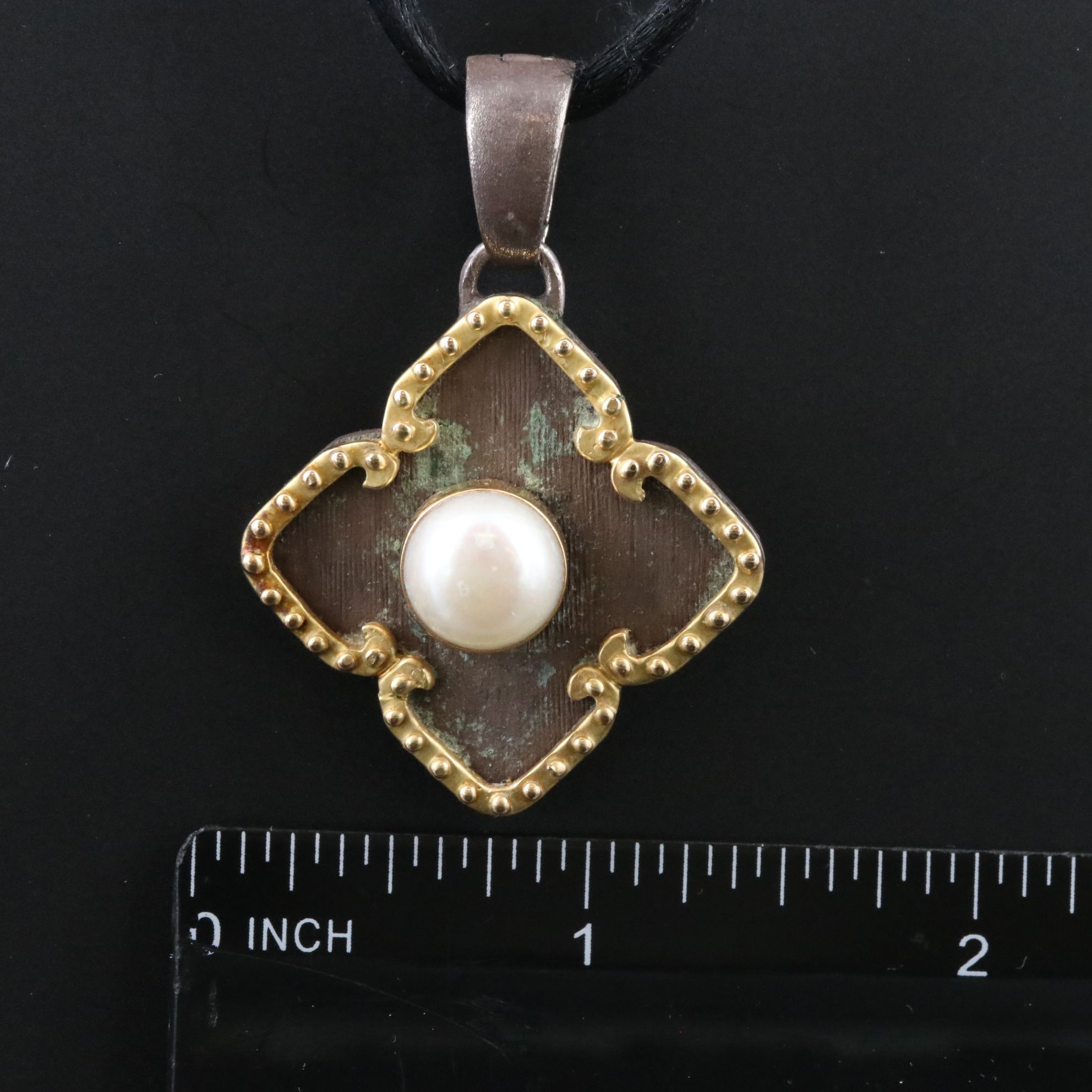 MAZ Sterling Pearl Quatrefoil Pendant Necklace with 14K Accent