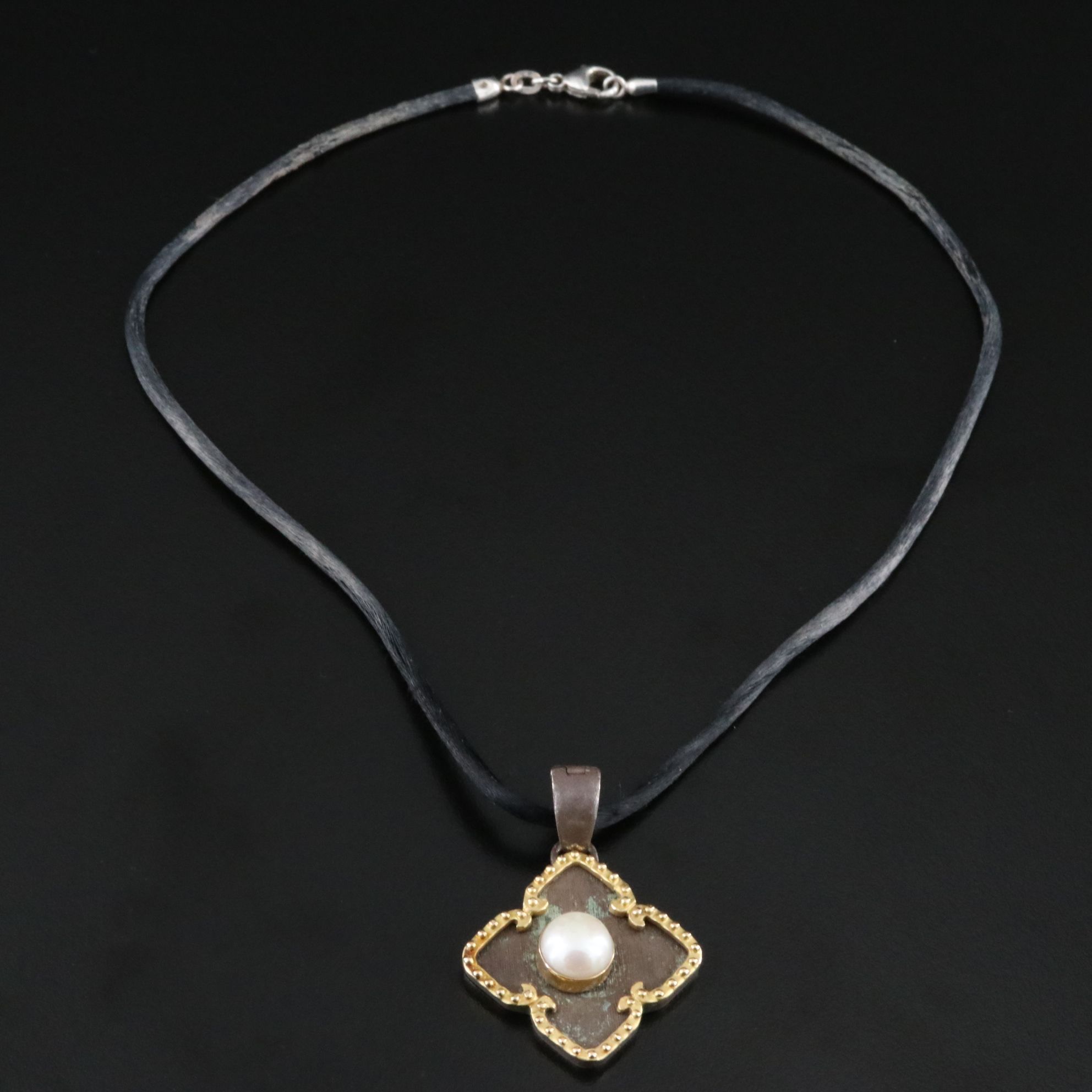 MAZ Sterling Pearl Quatrefoil Pendant Necklace with 14K Accent