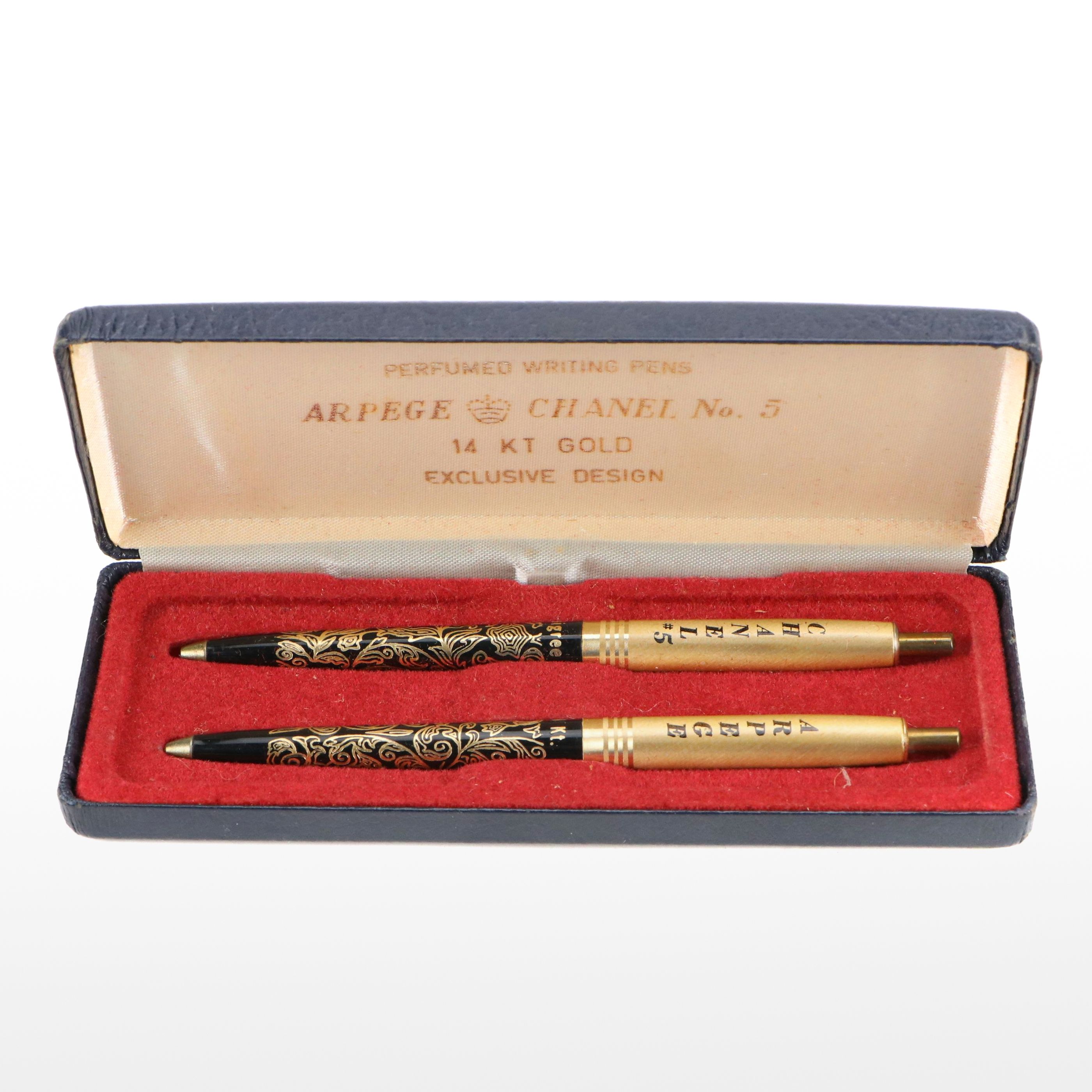 Arpege and Chanel No. 5 14KT Gold Filigree Pen Set, 1960s