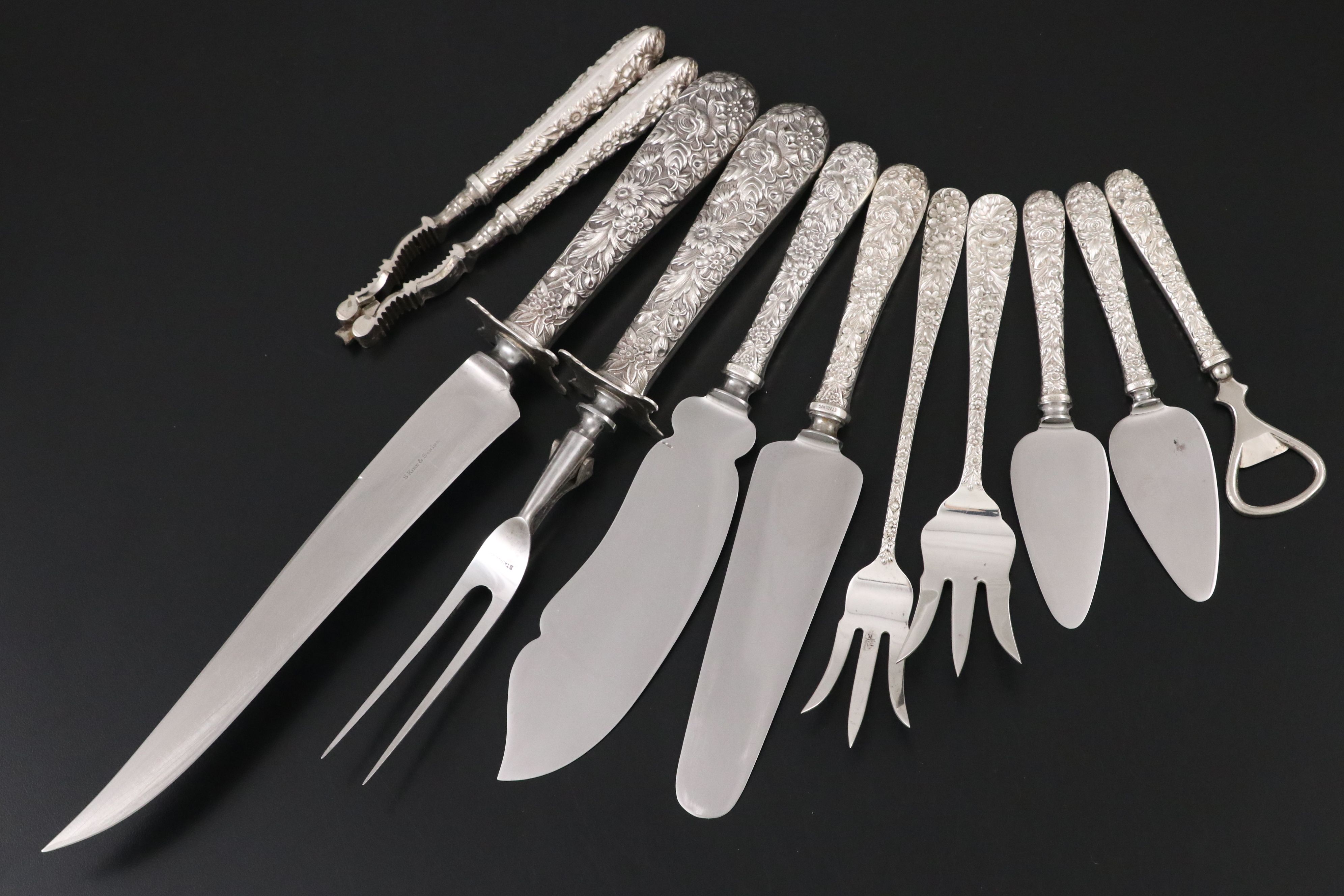 S. Kirk & Son "Repoussé" Sterling Handled Carving Set and Other Serving Utensils