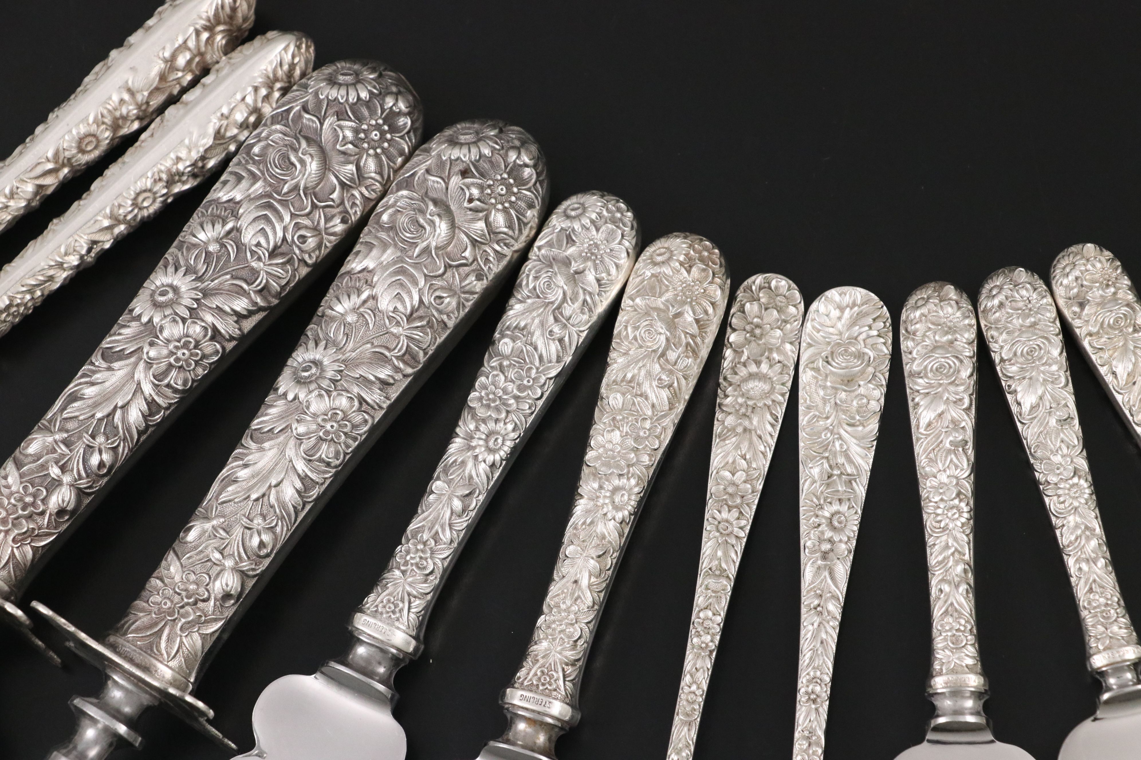 S. Kirk & Son "Repoussé" Sterling Handled Carving Set and Other Serving Utensils