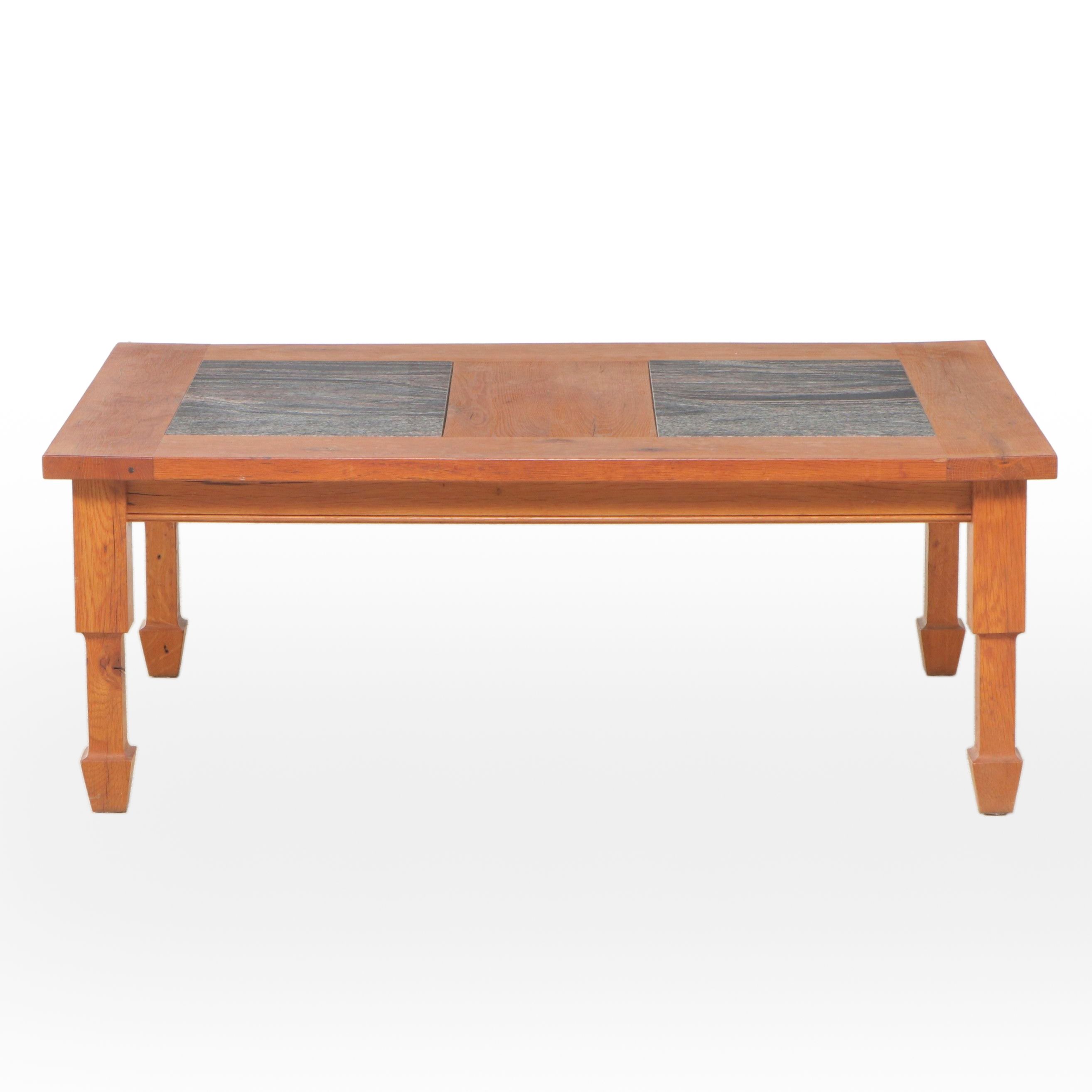 Rustic Style Pine Coffee Table with Stone Inset Top