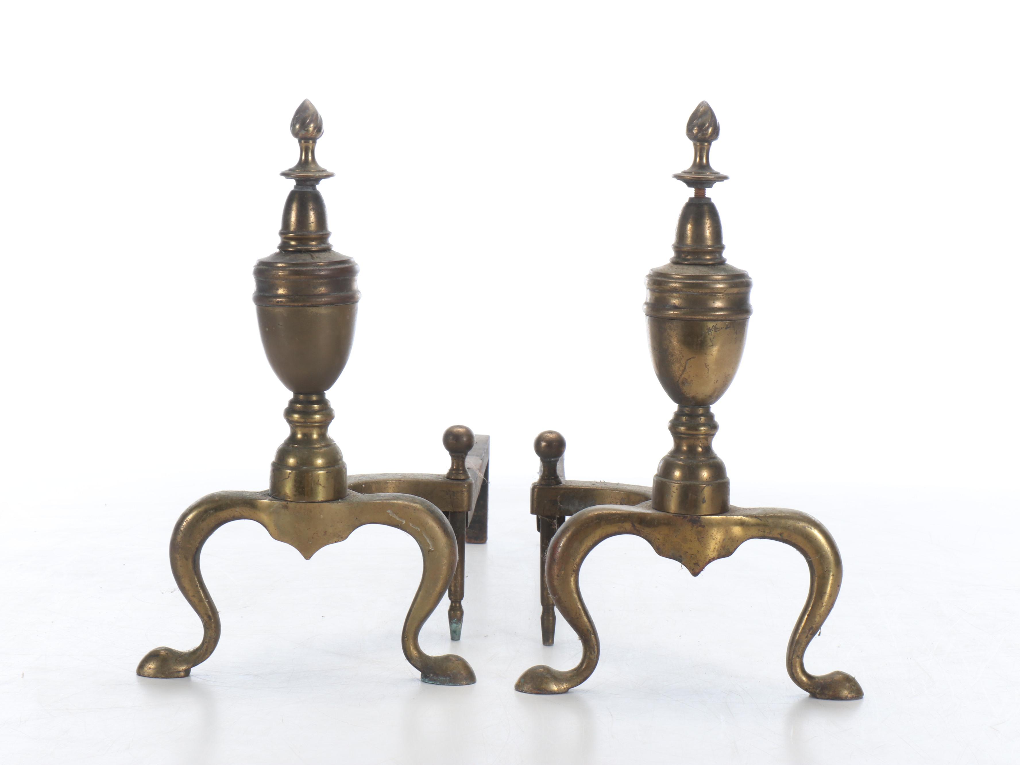 Victorian Style Brass Fireplace Tools and Andirons