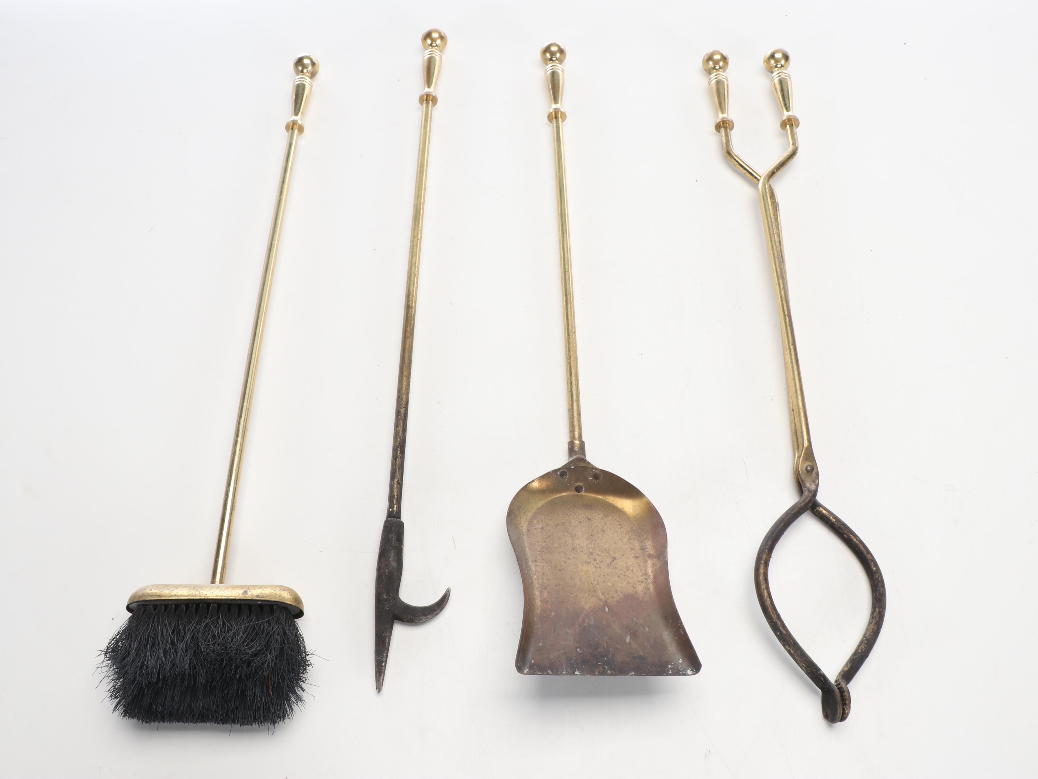 Victorian Style Brass Fireplace Tools and Andirons