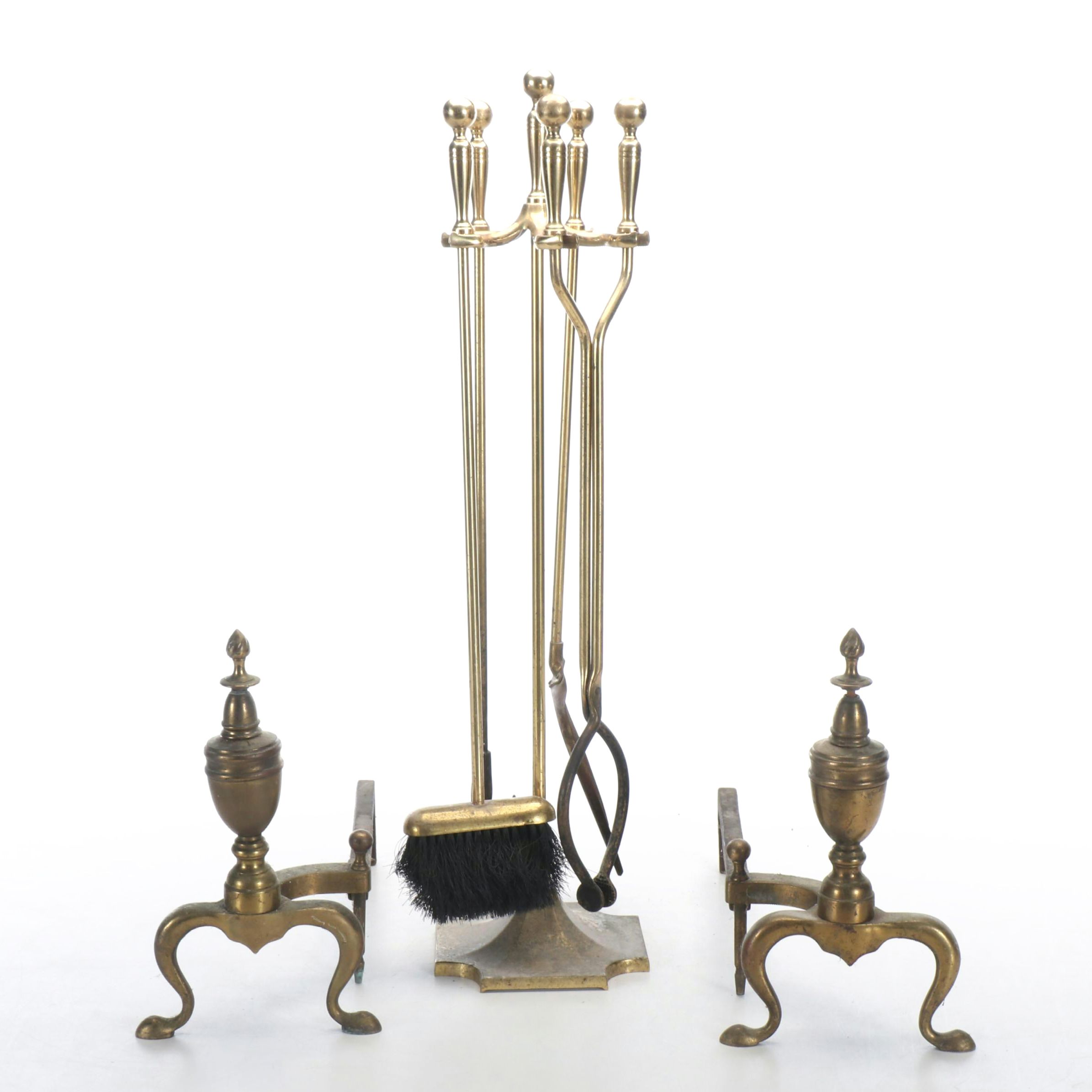 Victorian Style Brass Fireplace Tools and Andirons