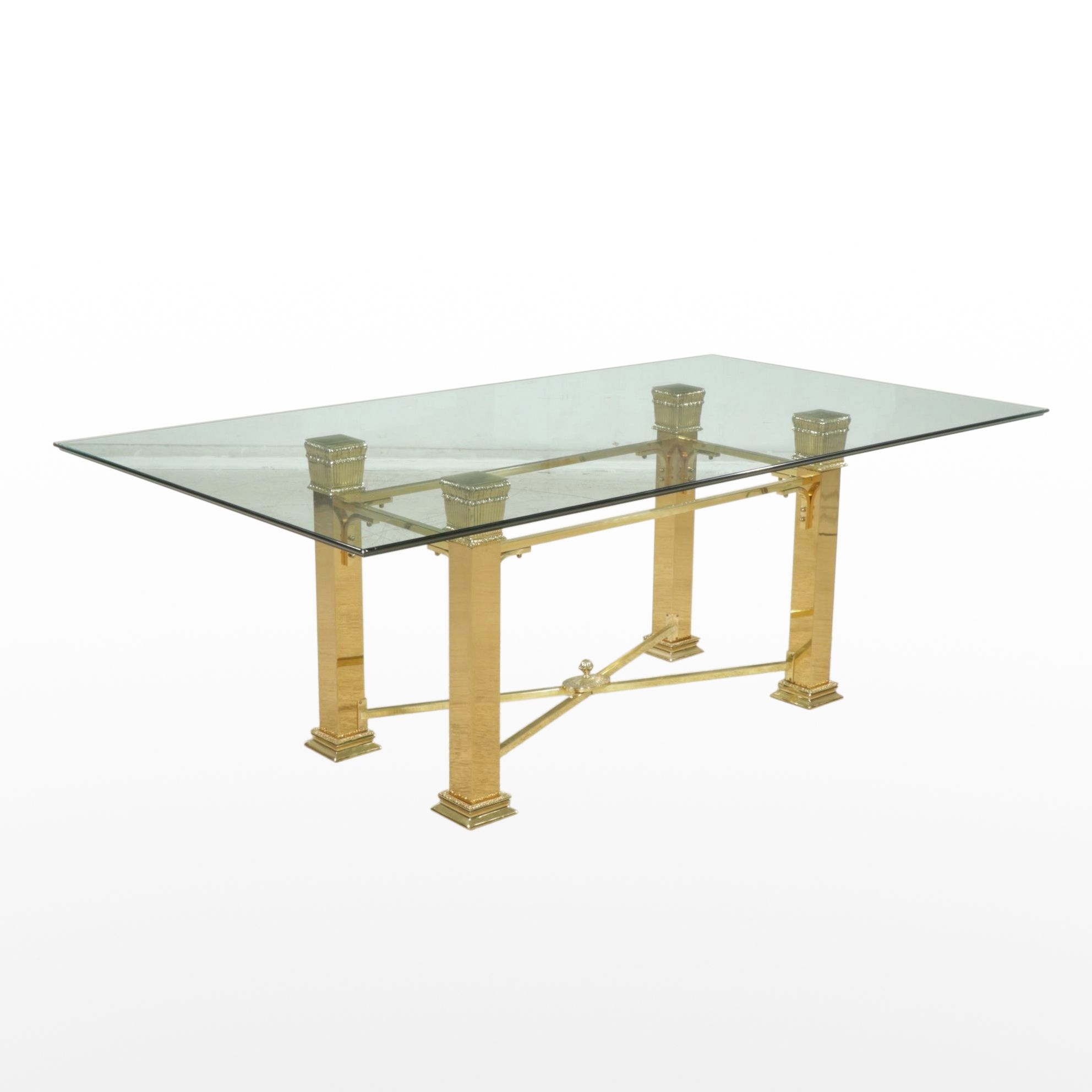 Neoclassical Glass Top Dining Table with Brass Base