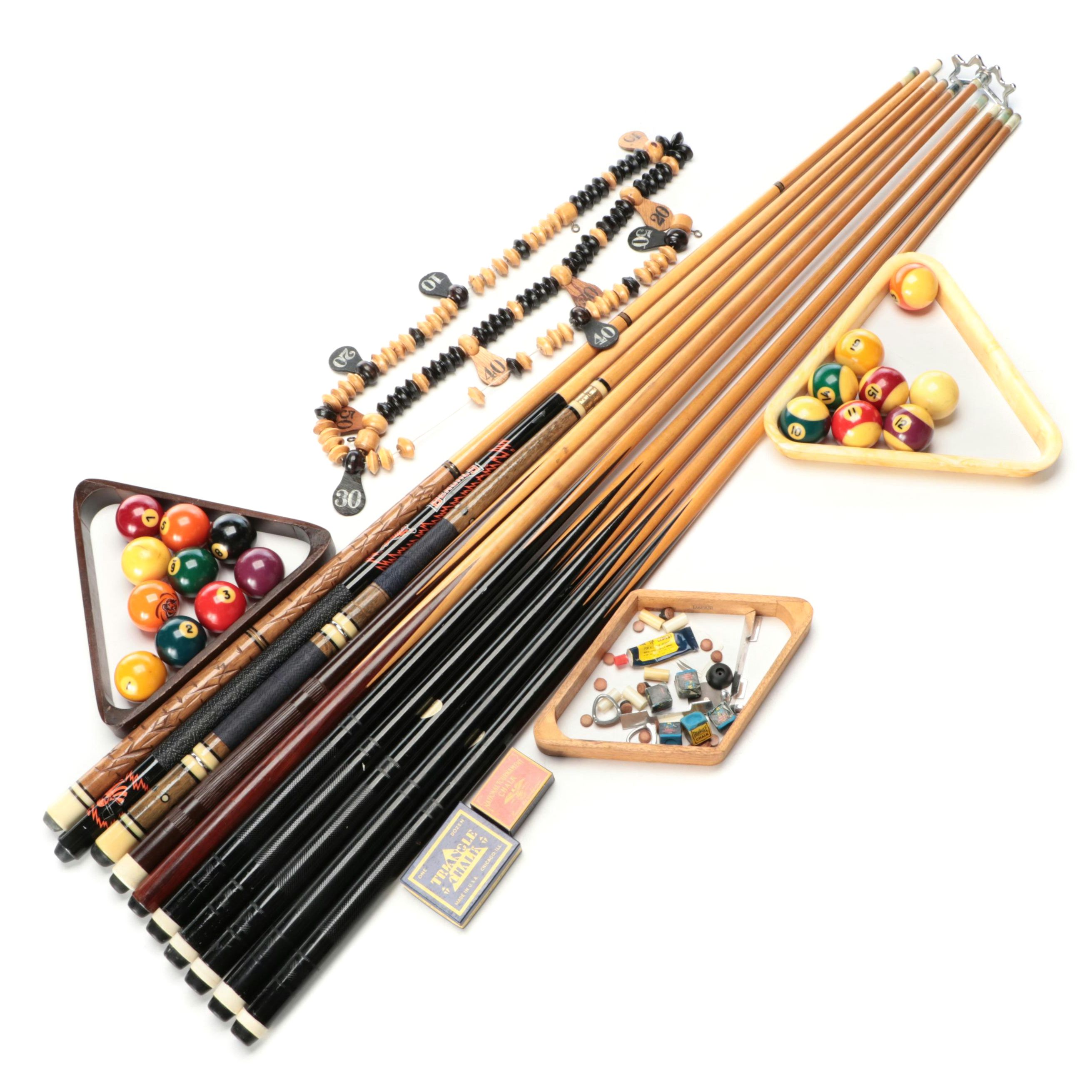 Wooden Pool Cues and Balls with More Billiards Accessories