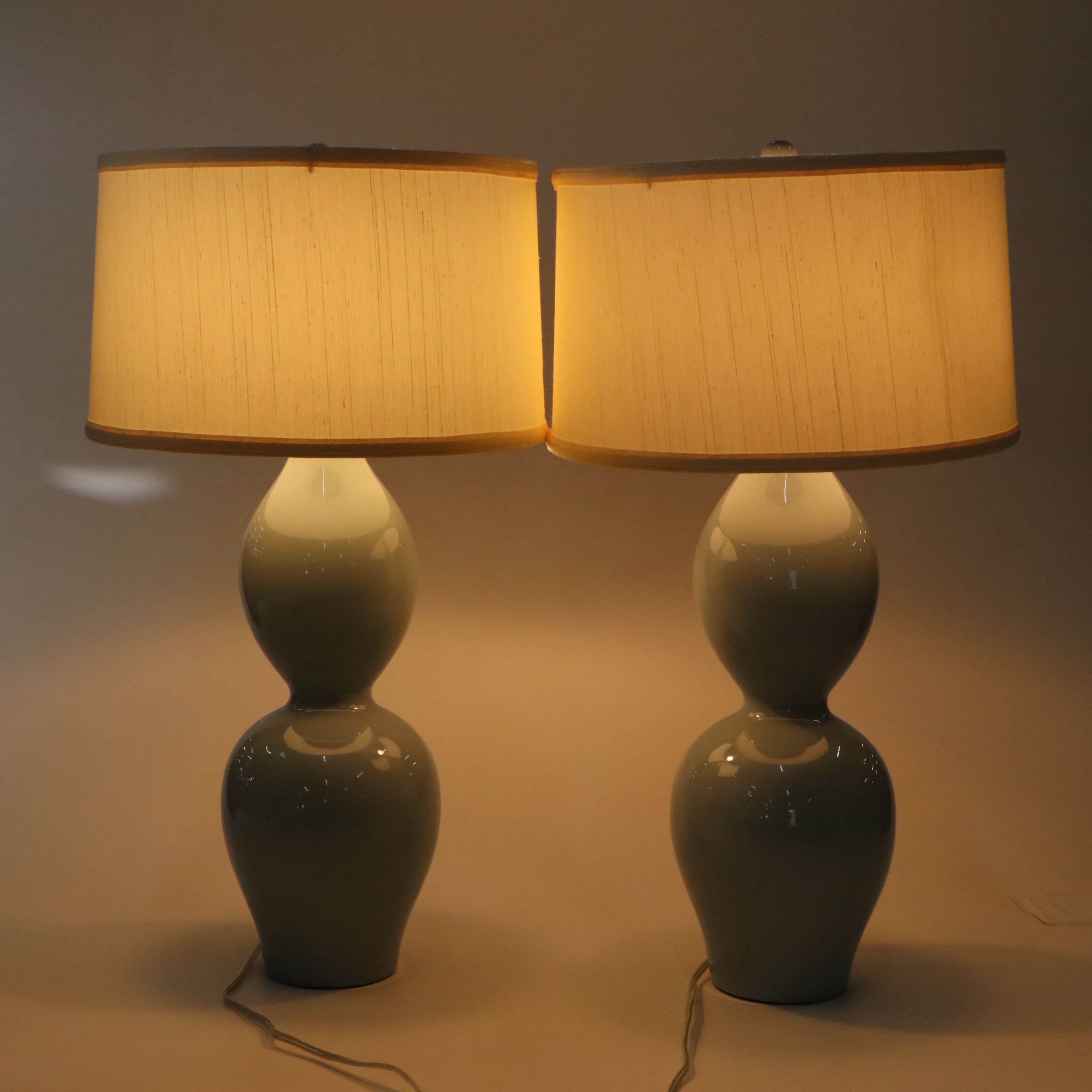 Pair of Barbara Cosgrove Double Gourd Ceramic Lamps and Shades