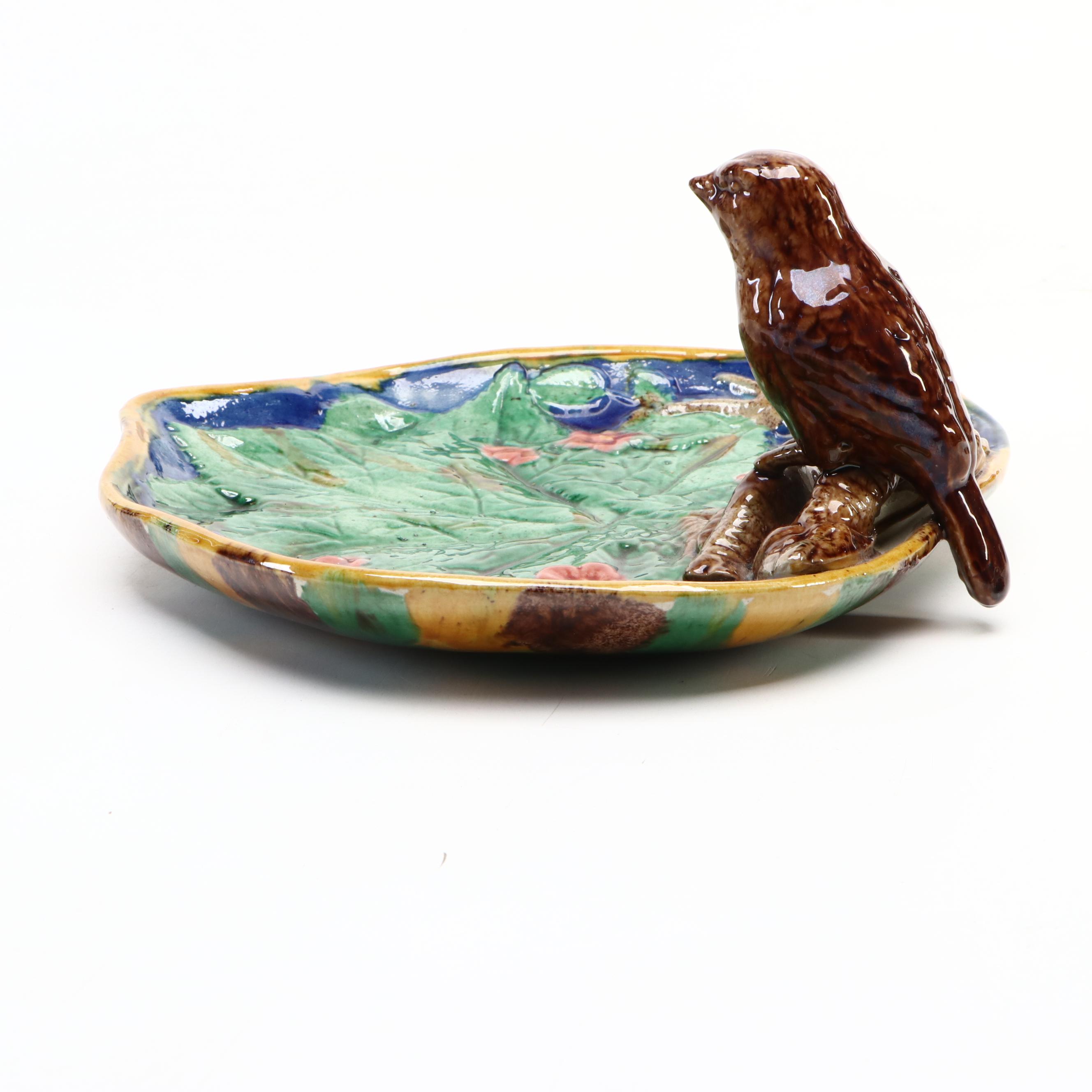 Continental Majolica or Palissy-Style Figural Bird and Leaf Dish
