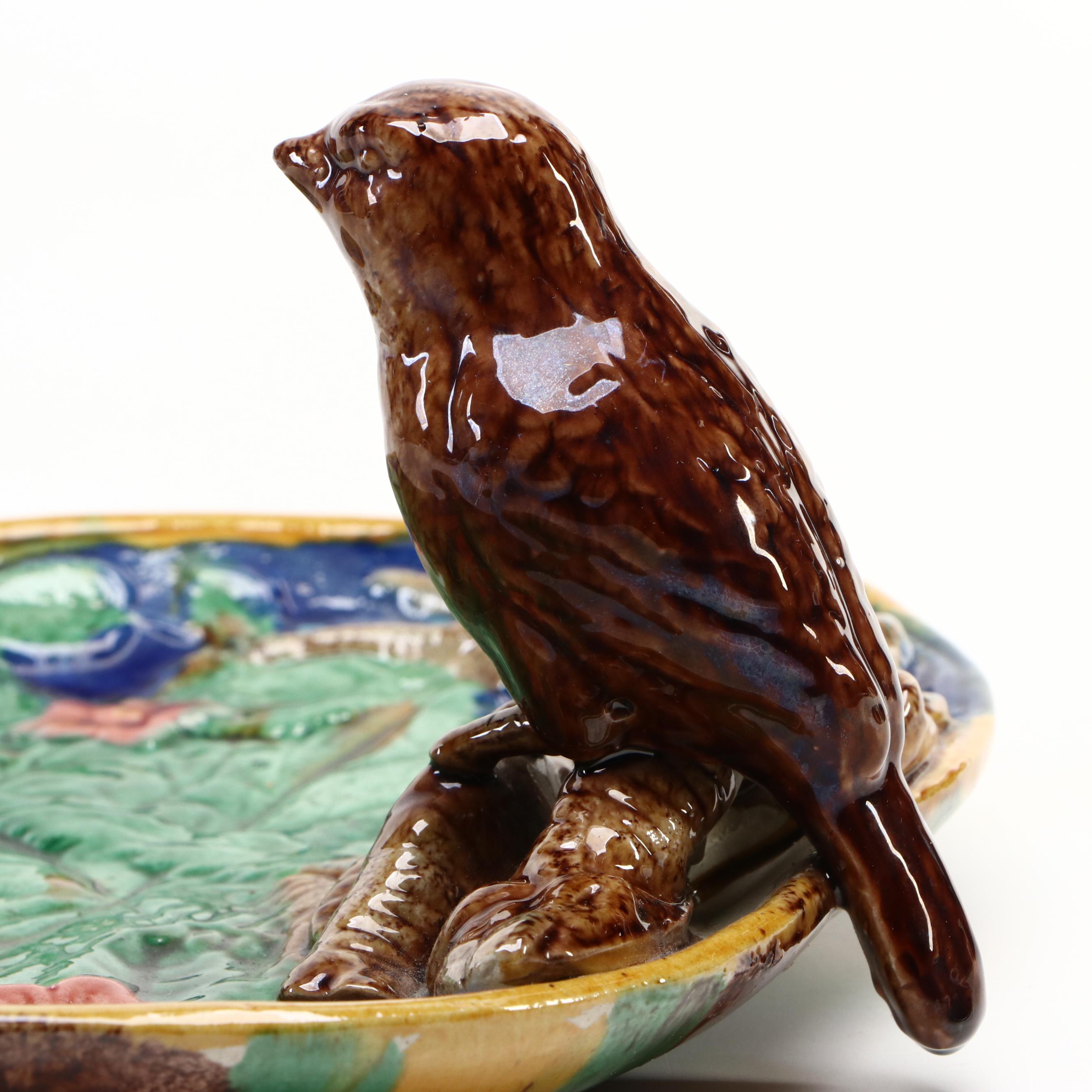 Continental Majolica or Palissy-Style Figural Bird and Leaf Dish